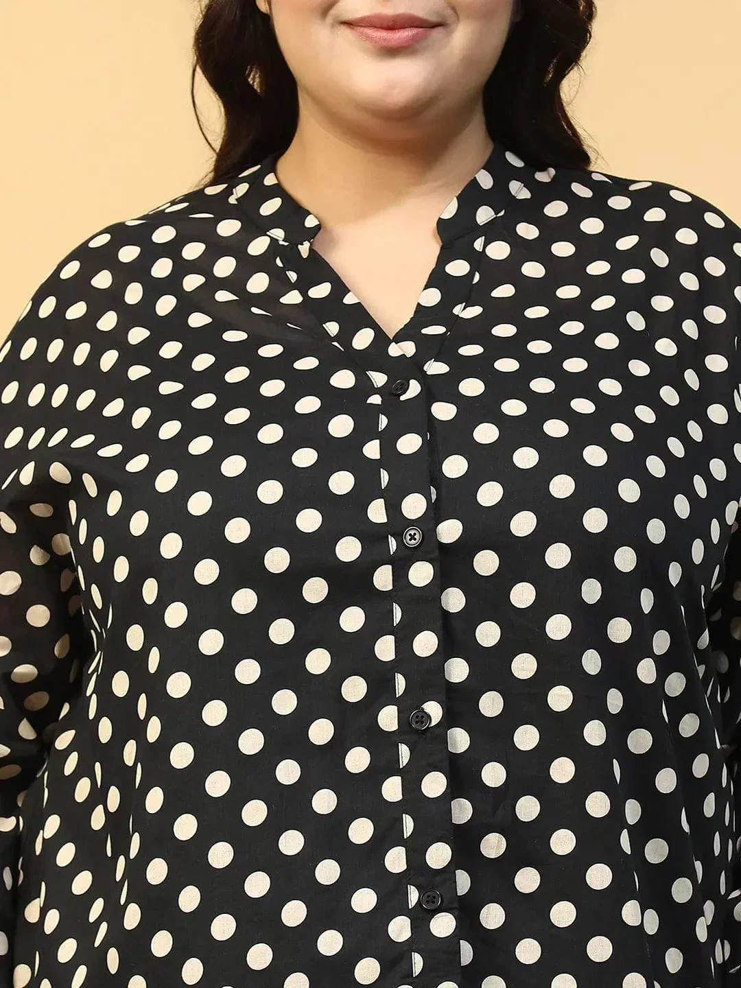 Stylistaic Black Polka Dot Print Long Sleeve Button Down Plus Size Beachwear Cotton Shirt - Image 7