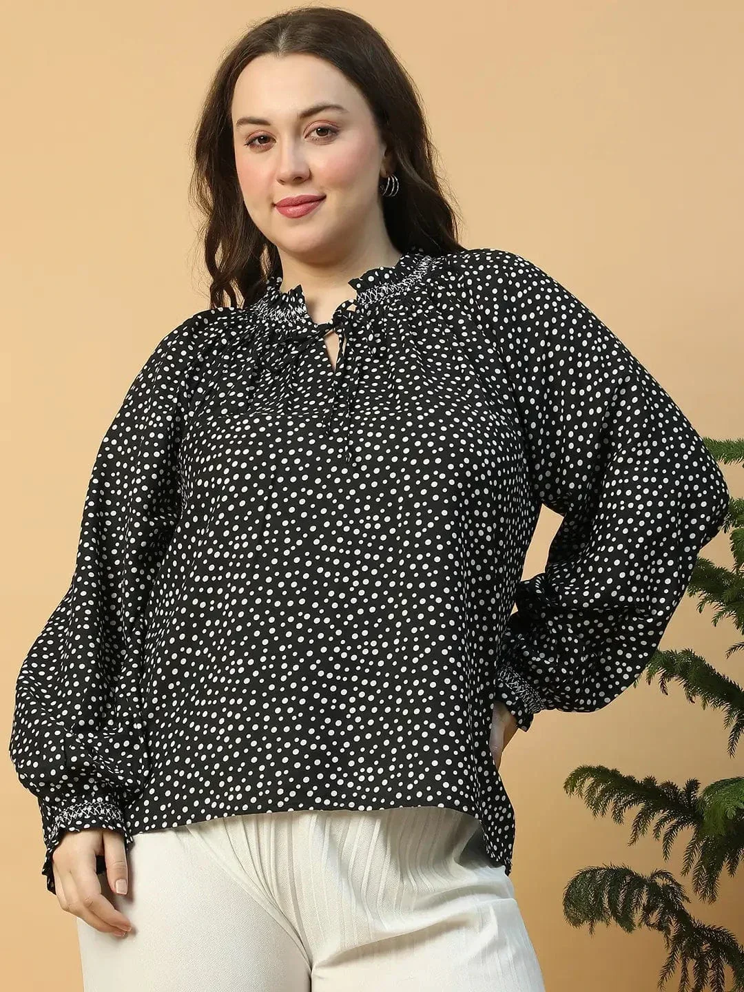 Sublime Black Printed Long Sleeve Smocking Detail Plus Size Women Top