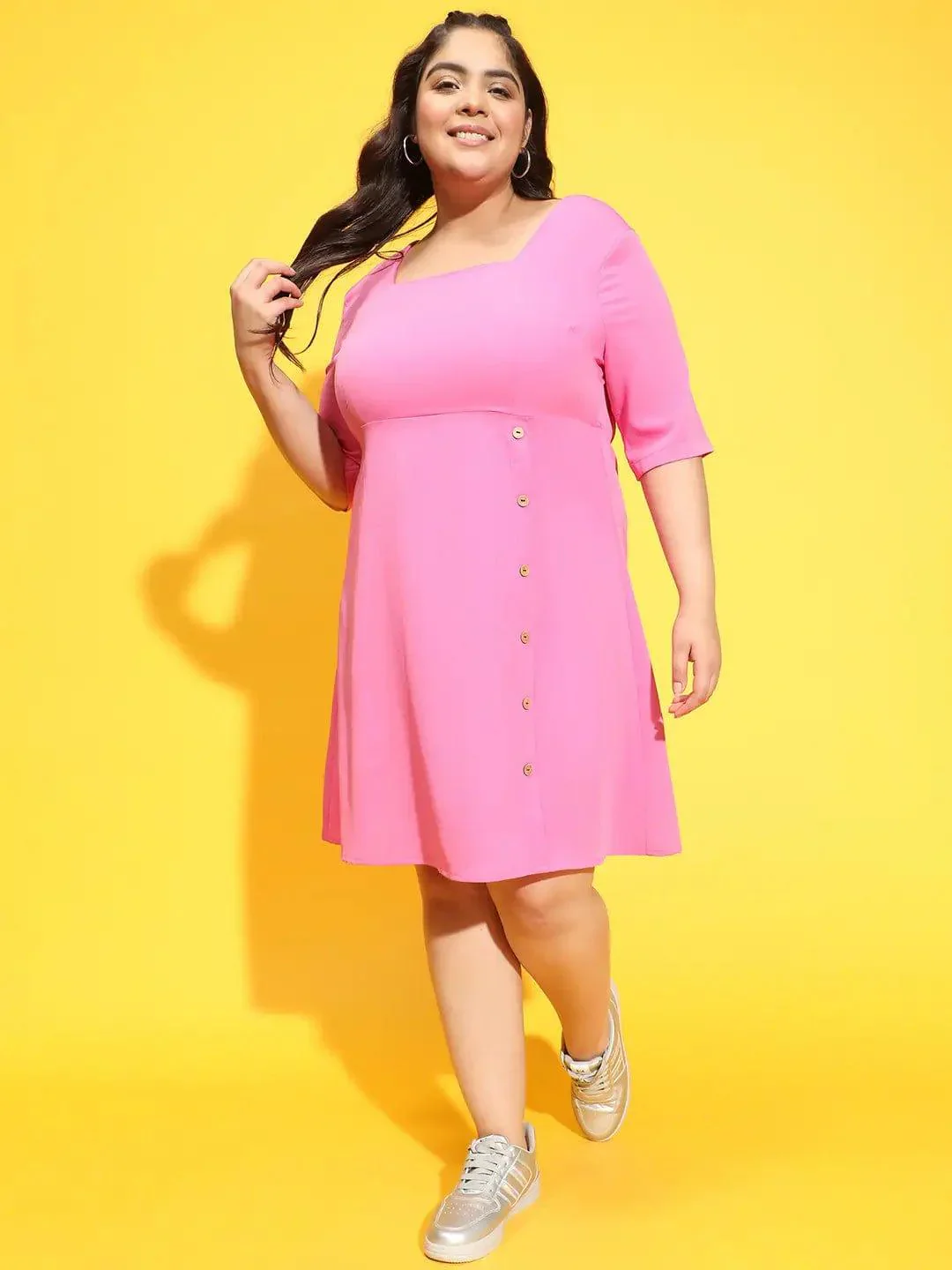 Sublime Pink Button Detailed Square Neck Plus Size Curvy Dress - Image 2