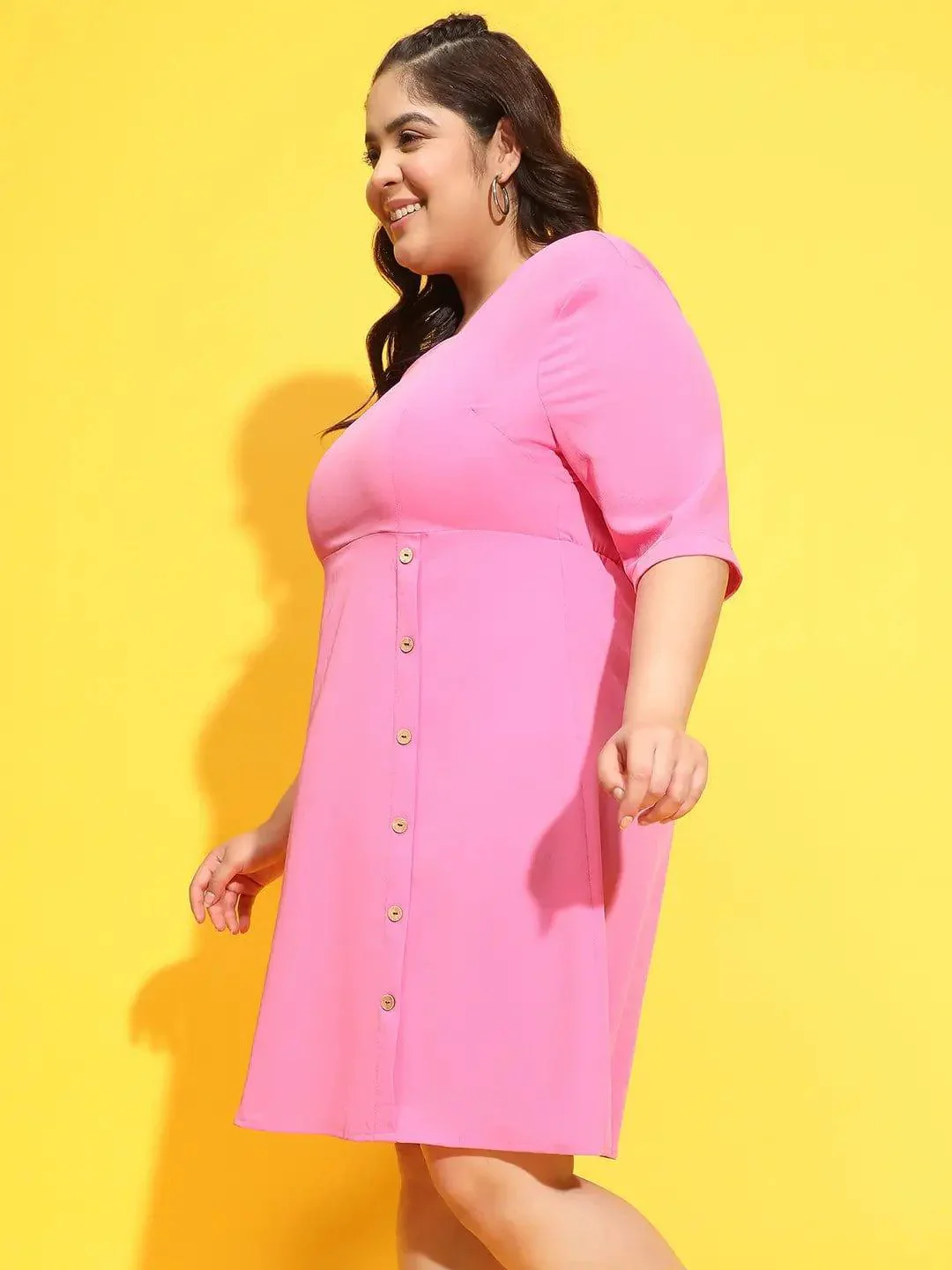 Sublime Pink Button Detailed Square Neck Plus Size Curvy Dress - Image 3