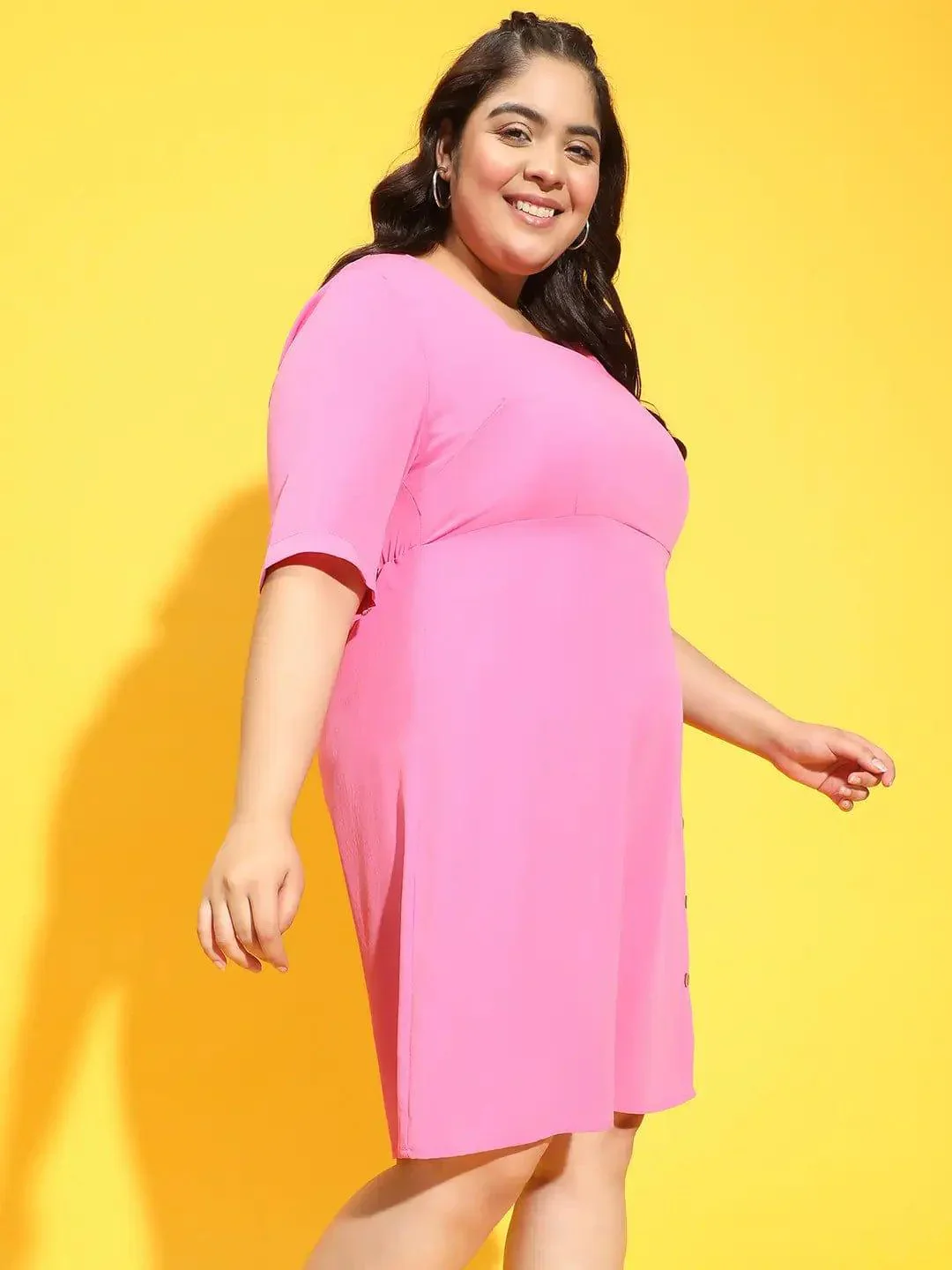 Sublime Pink Button Detailed Square Neck Plus Size Curvy Dress - Image 4