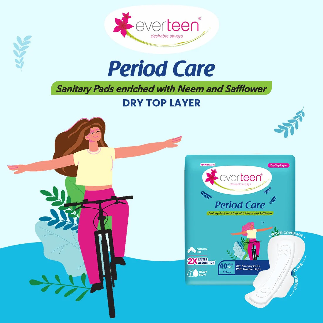 Subscribe to everteen Period Care XXL Dry 40 Sanitary Pads with Double Flaps, Neem, Safflower - Image 2