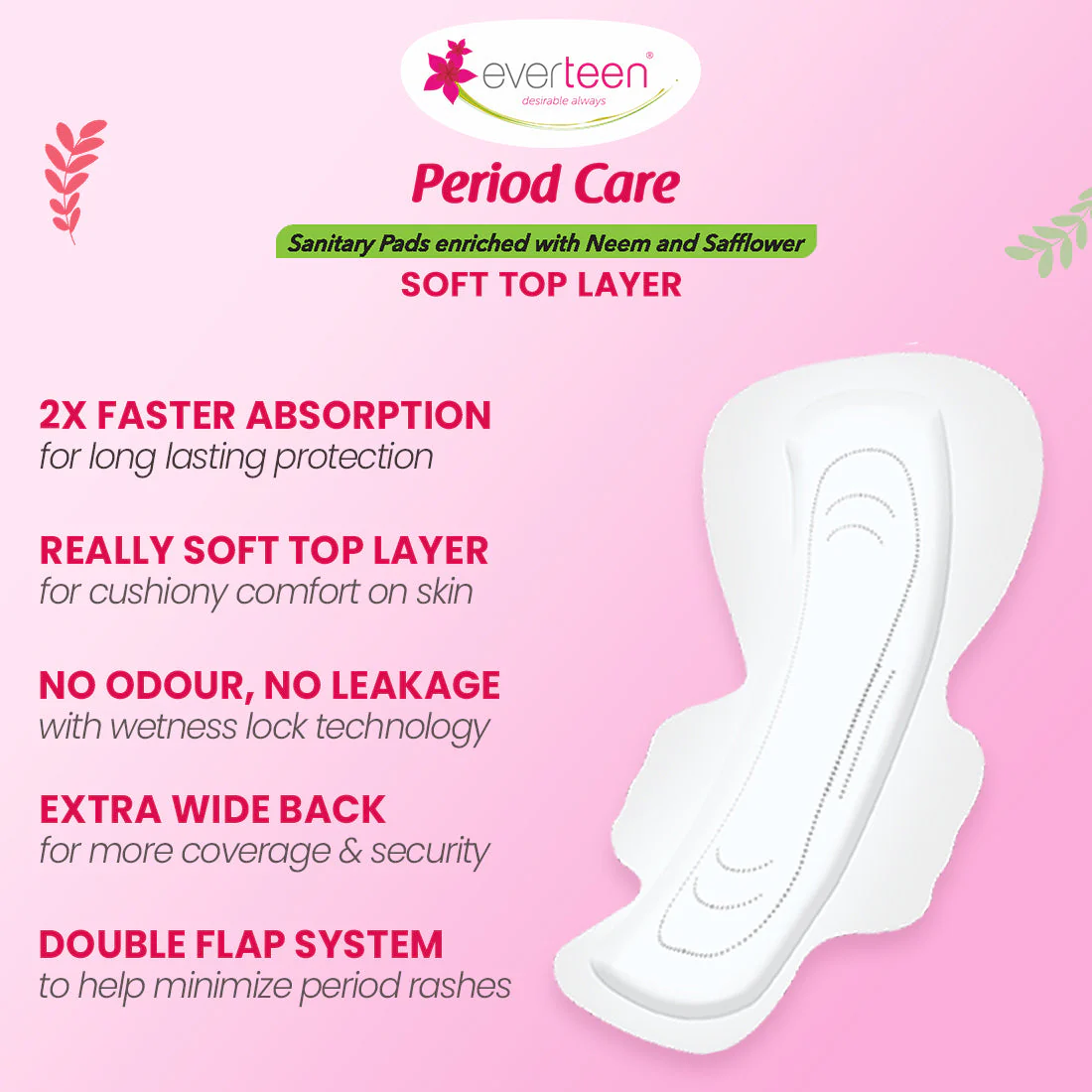 Subscribe to everteen Period Care XXL Soft 40 Sanitary Pads with Double Flaps, Neem, Safflower - Image 2
