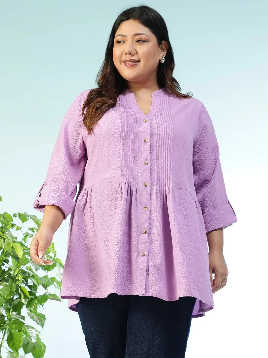 Subtle Solid Purple Long Sleeve Pleates Detail Button Down Plus Size Women Dobby Tunic