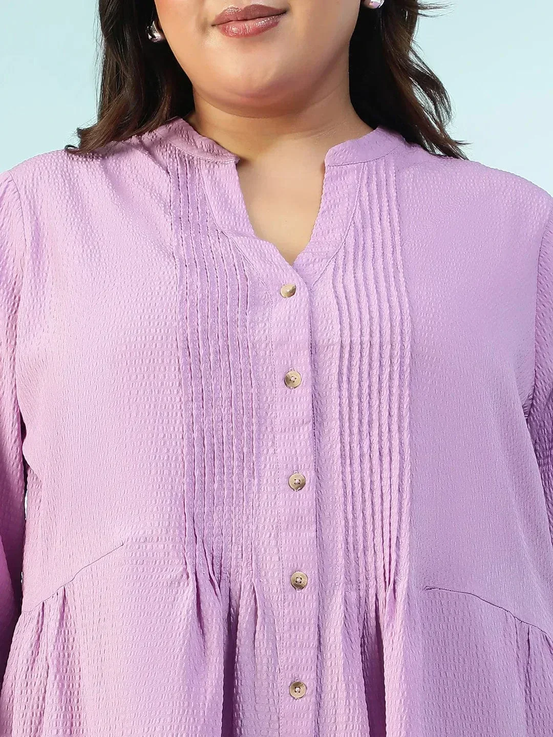 Subtle Solid Purple Long Sleeve Pleates Detail Button Down Plus Size Women Dobby Tunic - Image 6