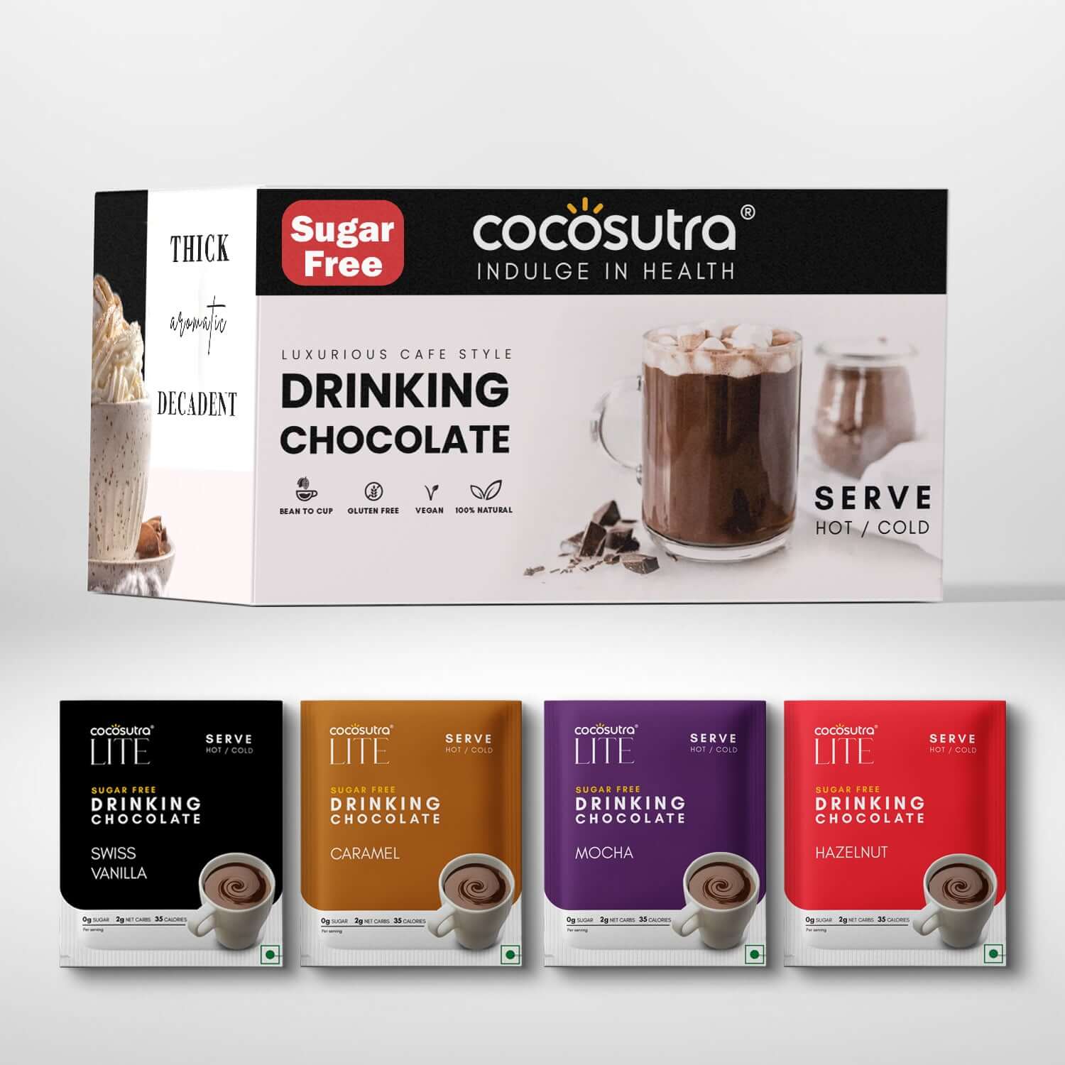 Sugar Free Drinking Chocolate Mix - Swiss Vanilla, Caramel, Mocha, and Hazelnut | 20 Sachets