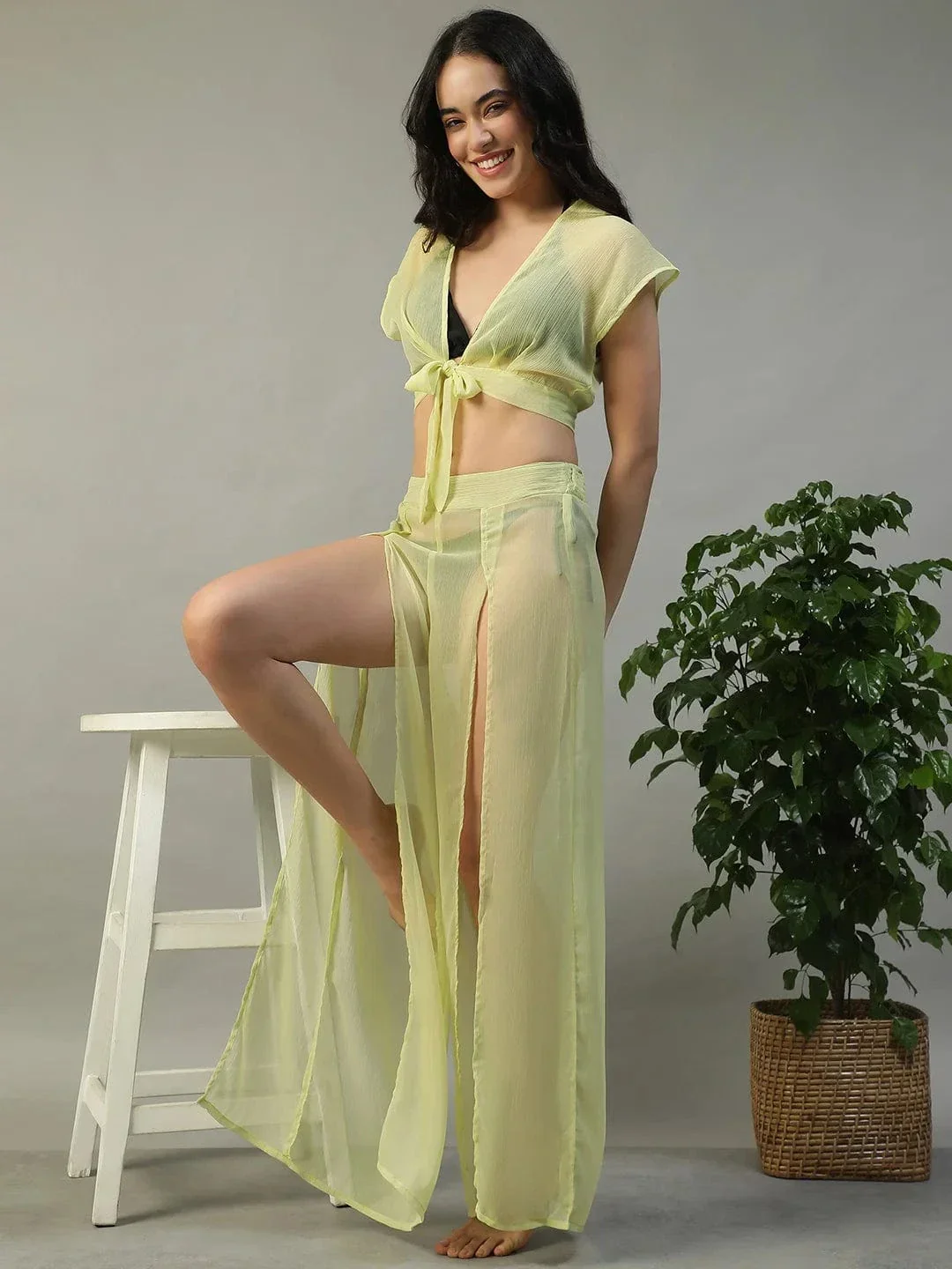 Sunny Yellow Chiffon Women Beachwear Co-ord Set with Elastic Slit Pants and Crop Top - Image 4