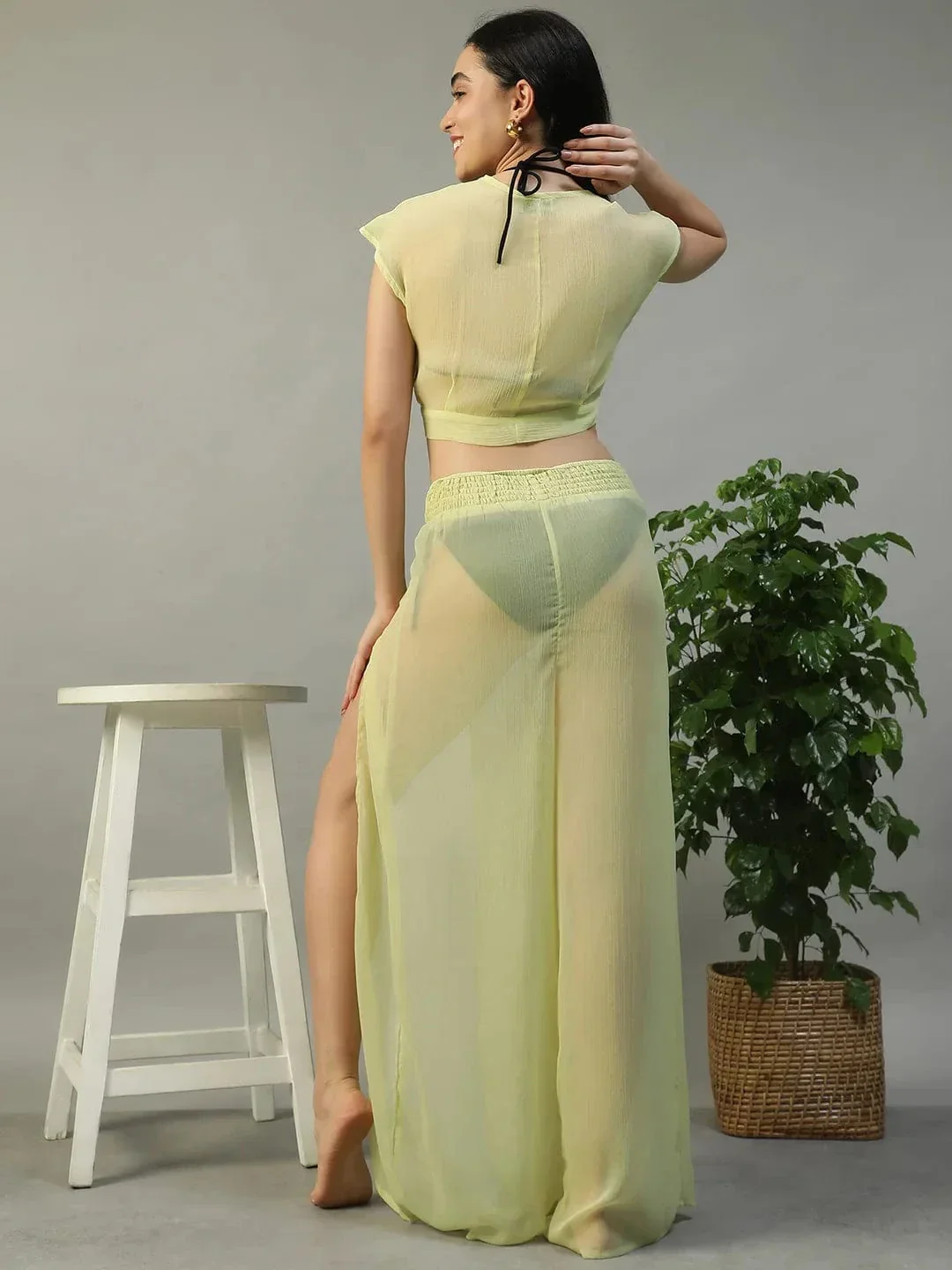 Sunny Yellow Chiffon Women Beachwear Co-ord Set with Elastic Slit Pants and Crop Top - Image 6