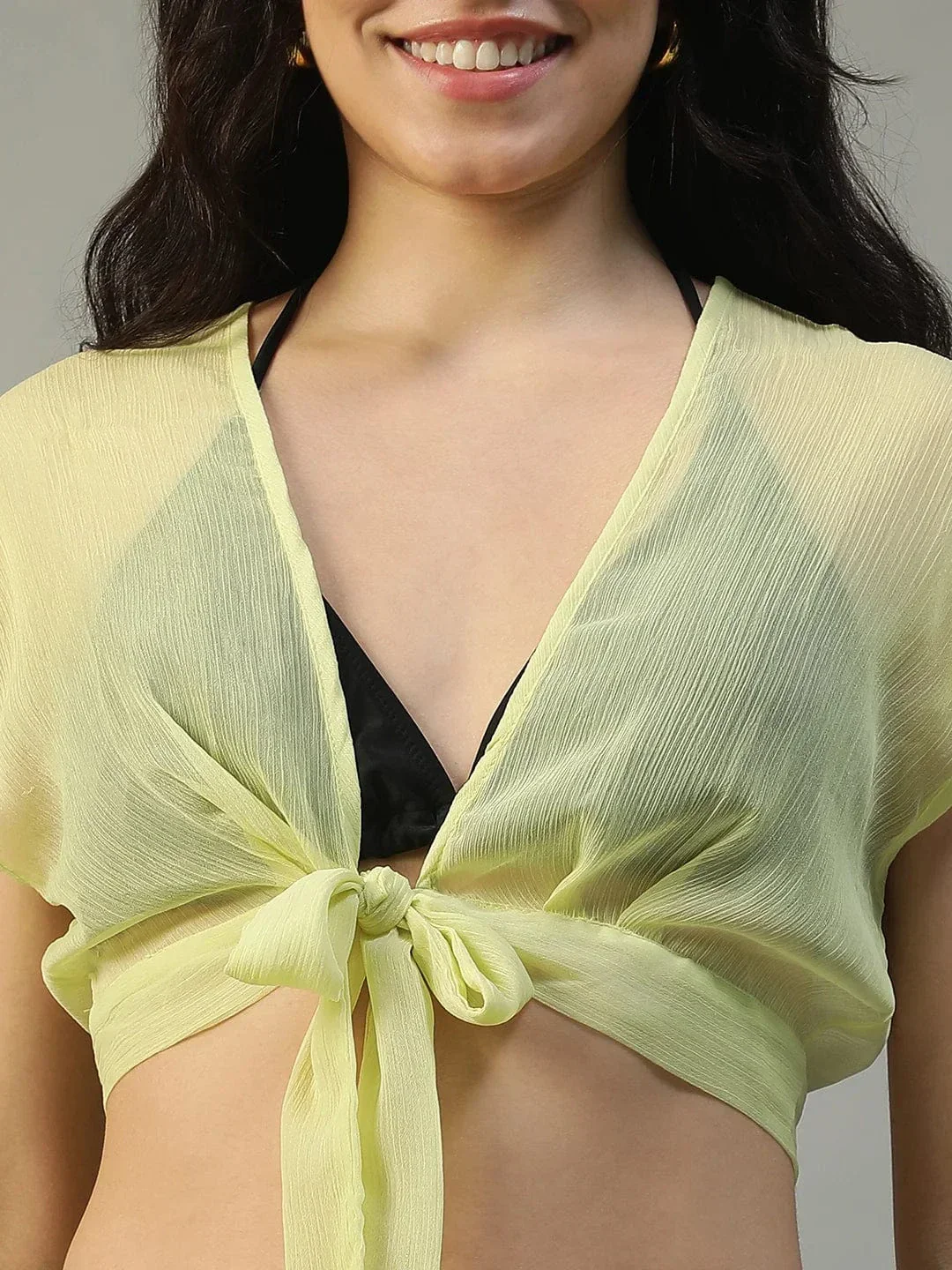 Sunny Yellow Chiffon Women Beachwear Co-ord Set with Elastic Slit Pants and Crop Top - Image 7