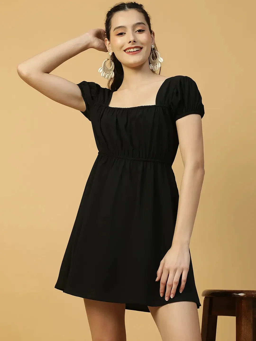 Super Black Short Sleeve Elasticated Women midi dress