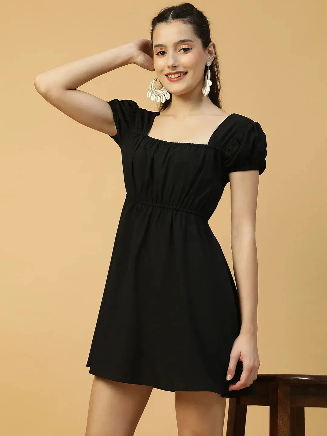 Super Black Short Sleeve Elasticated Women midi dress - Image 3