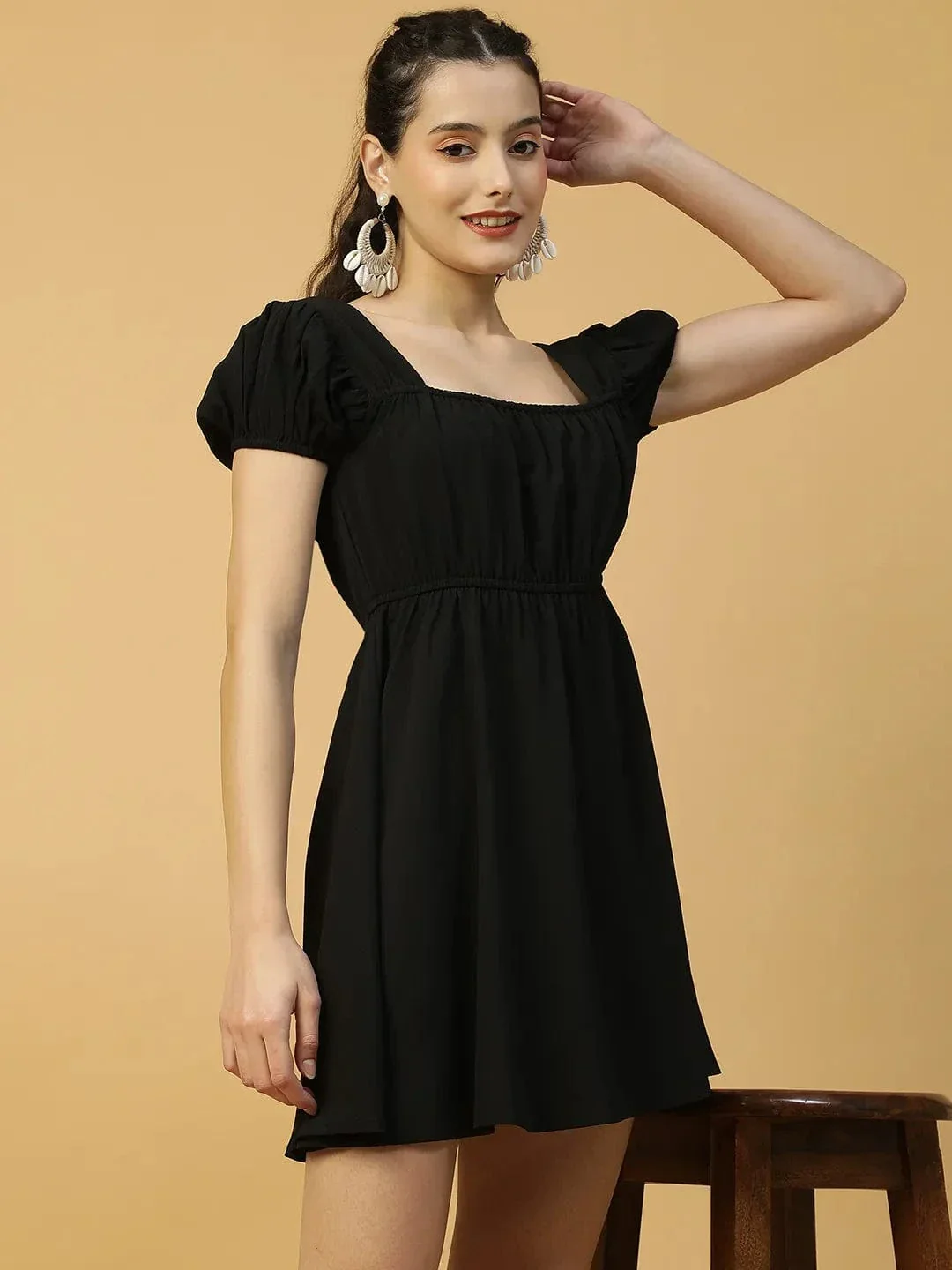 Super Black Short Sleeve Elasticated Women midi dress - Image 4