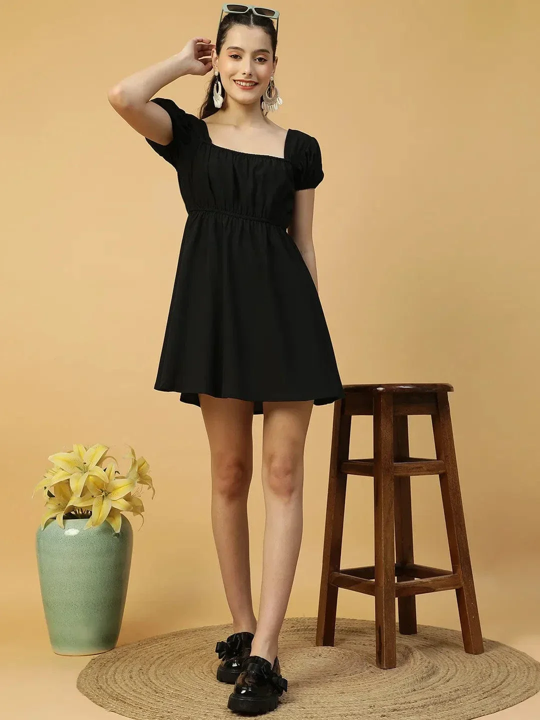 Super Black Short Sleeve Elasticated Women midi dress - Image 8