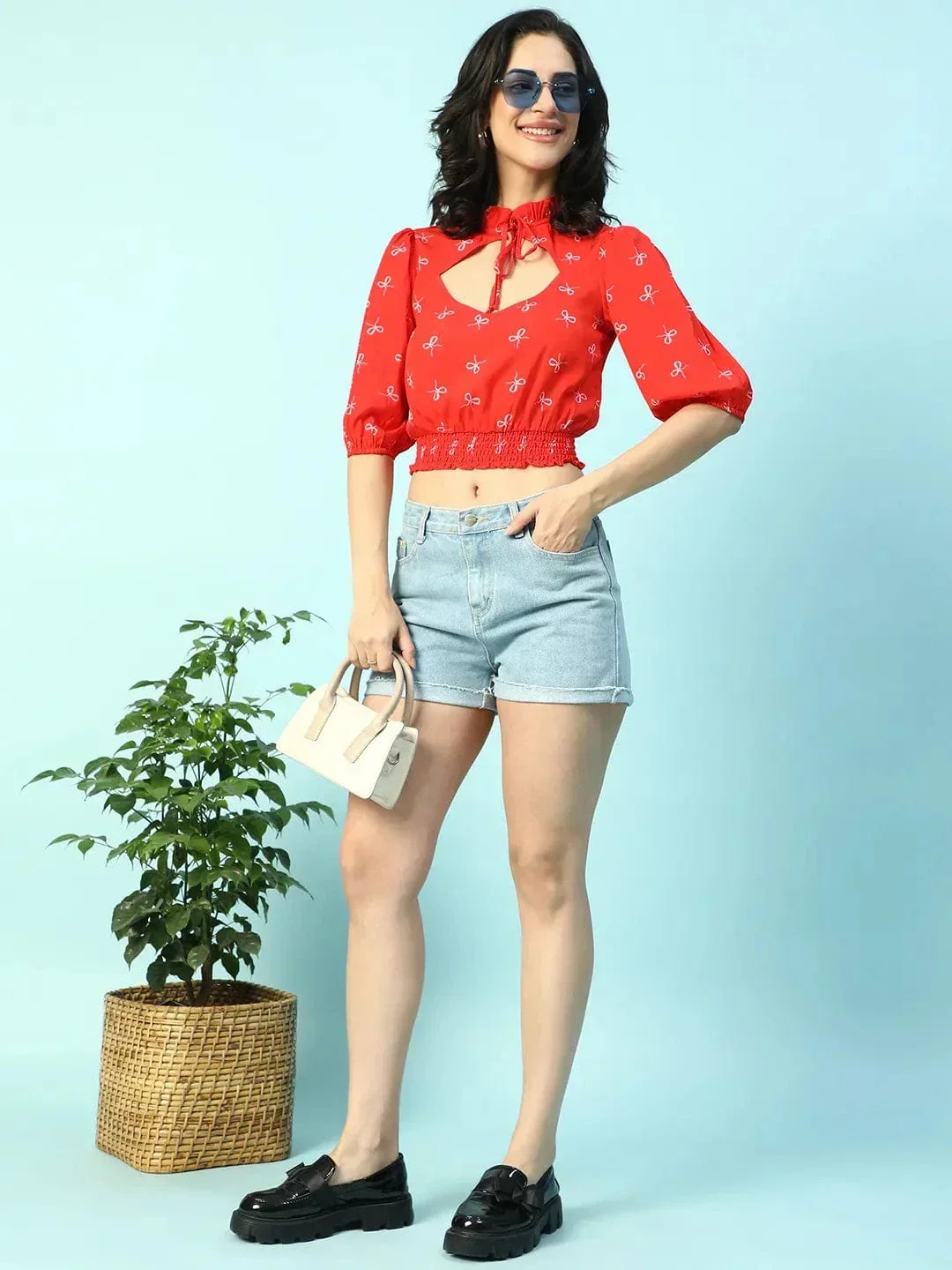 Super Red Floral Print Keyhole Neck Smocking Detail Women Crop Top - Image 7