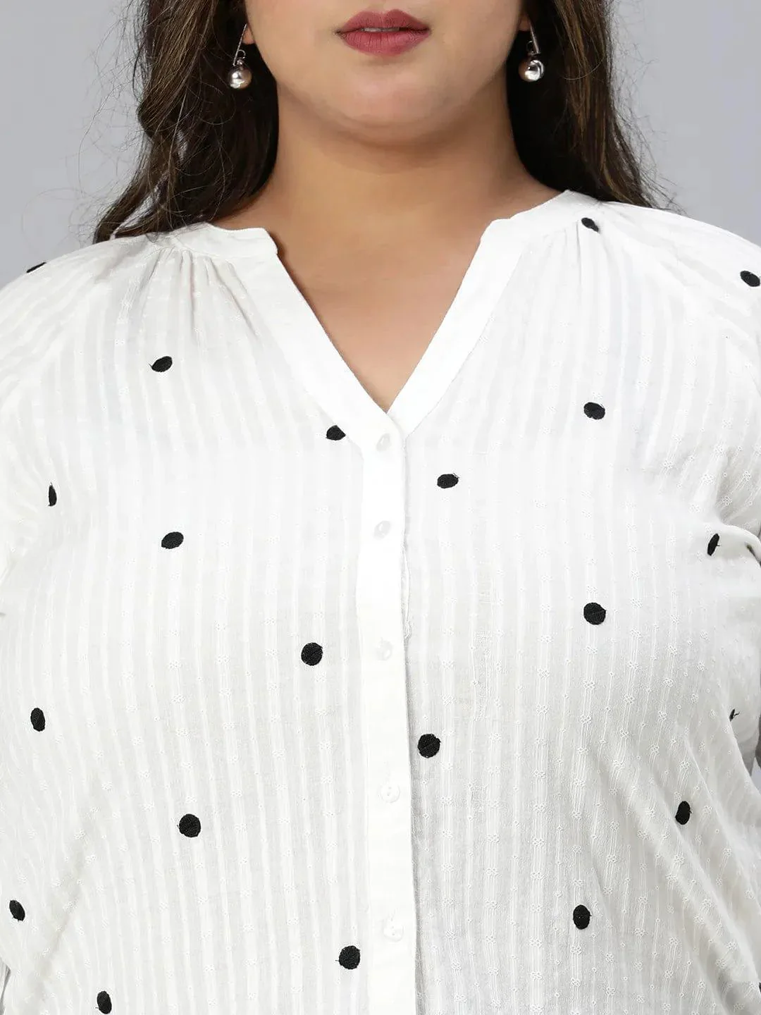Super White Dot Print Plus Size Cotton Loopy Top - Image 6