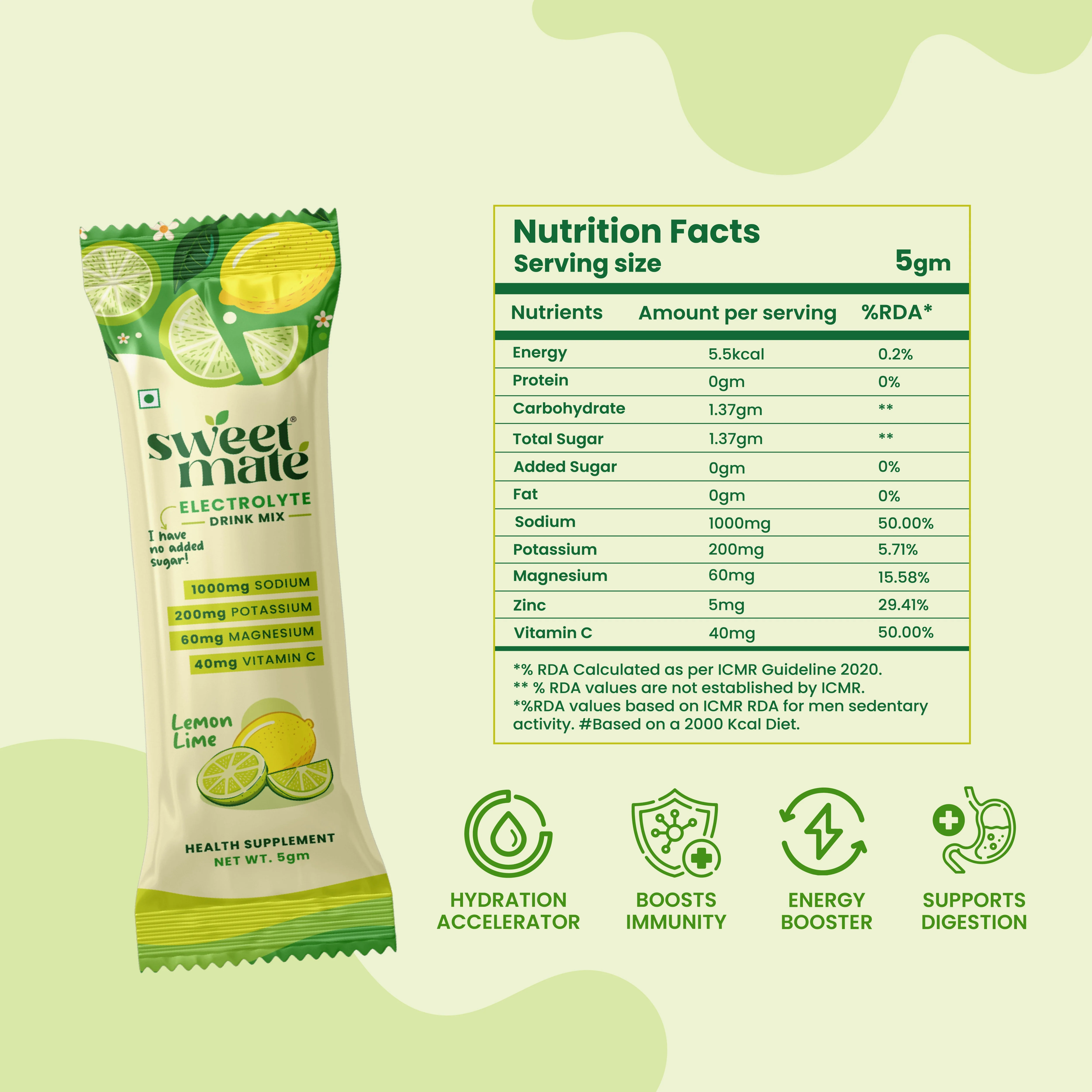Sweetmate Electrolyte Drink Mix- Lemon Lime Flavour (Pack of 10) - Image 4