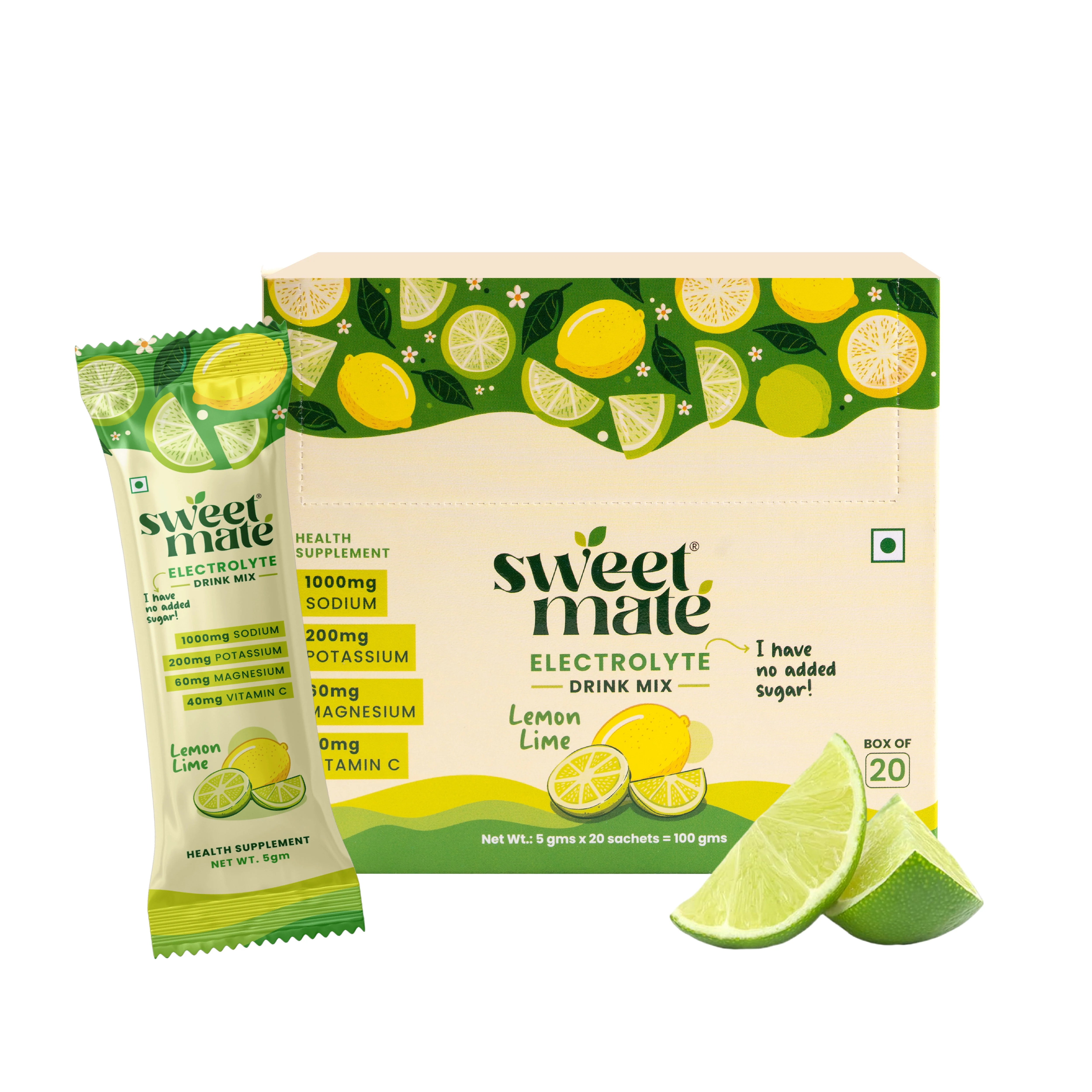 Sweetmate Electrolyte Drink Mix- Lemon Lime Flavour (Pack of 20)