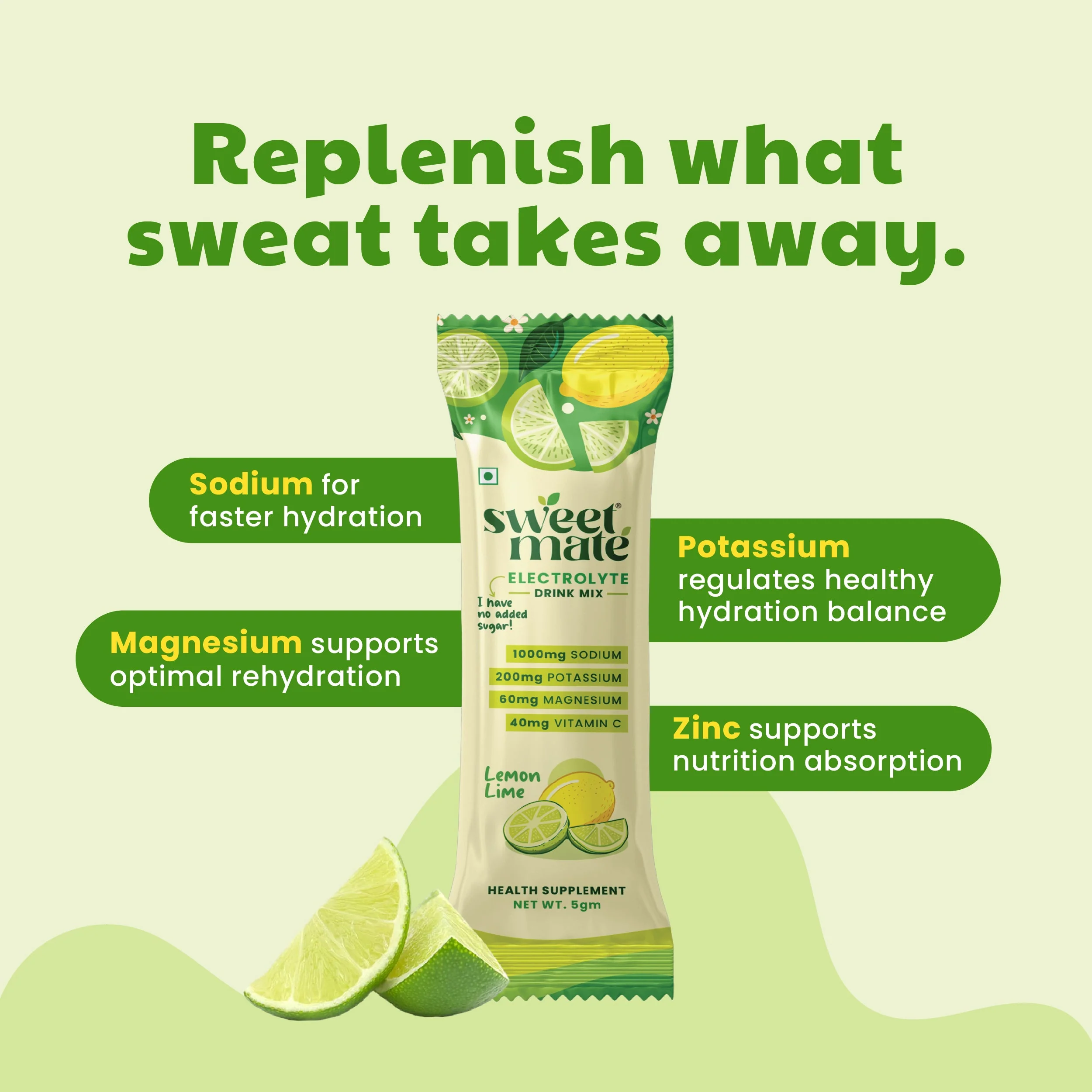Sweetmate Electrolyte Drink Mix- Lemon Lime Flavour (Pack of 20) - Image 3