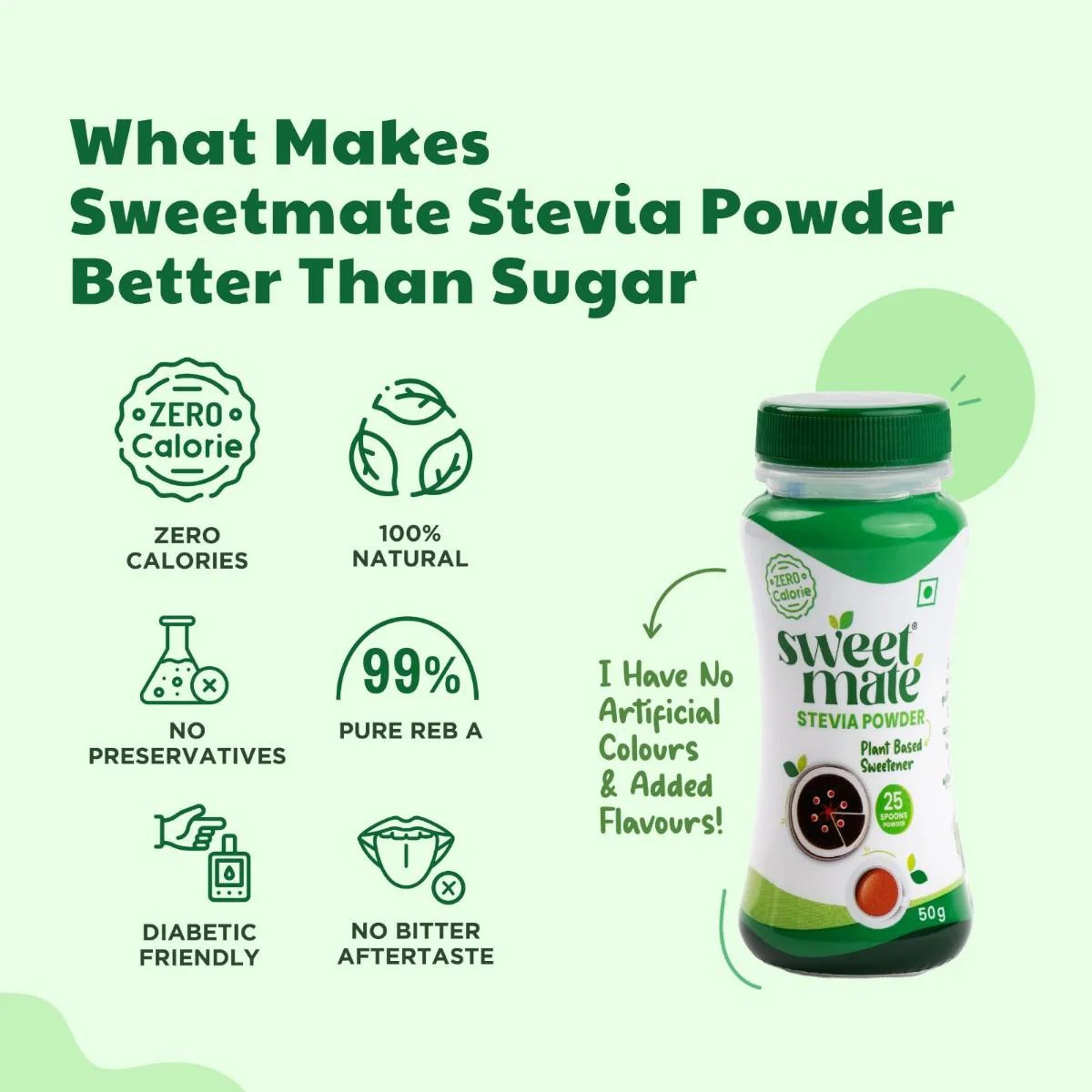 Sweetmate Stevia Zero Calorie Sugar Replacer Powder 50 gm - Image 3