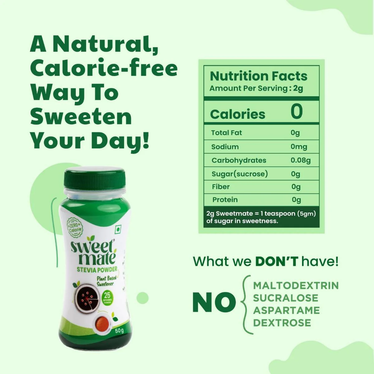 Sweetmate Stevia Zero Calorie Sugar Replacer Powder 50 gm - Image 4
