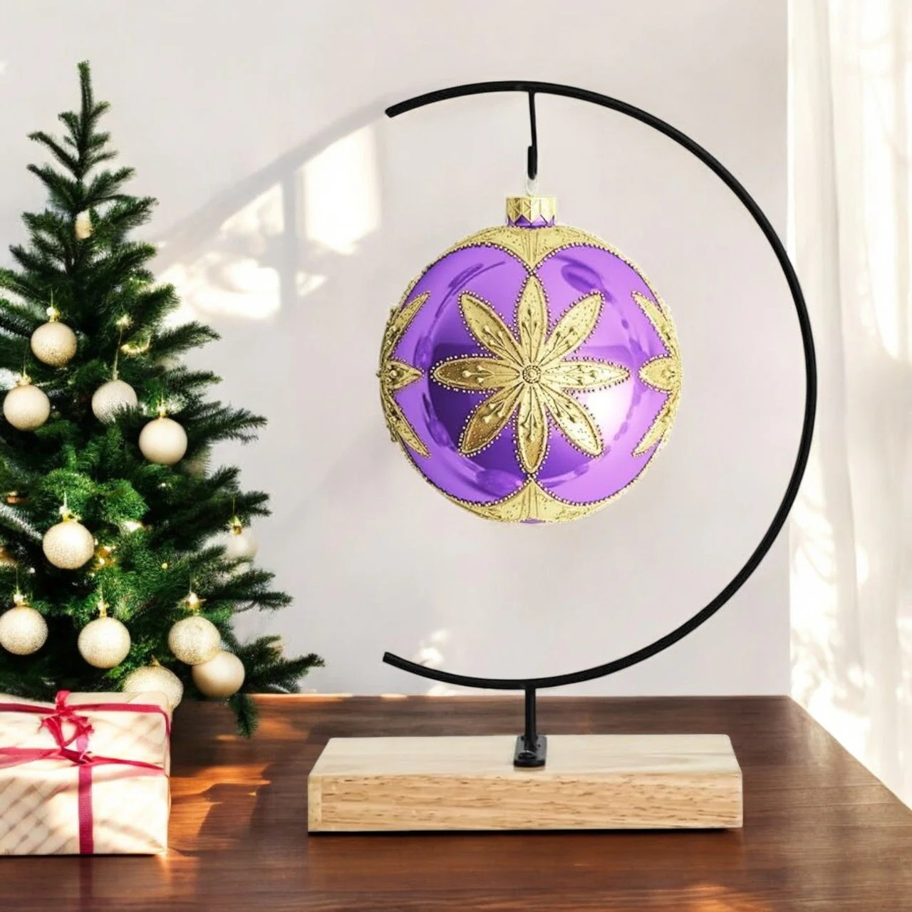 Tabletop Hanging Display Stand with Wooden Base – Metal Ornament Holder - Image 3