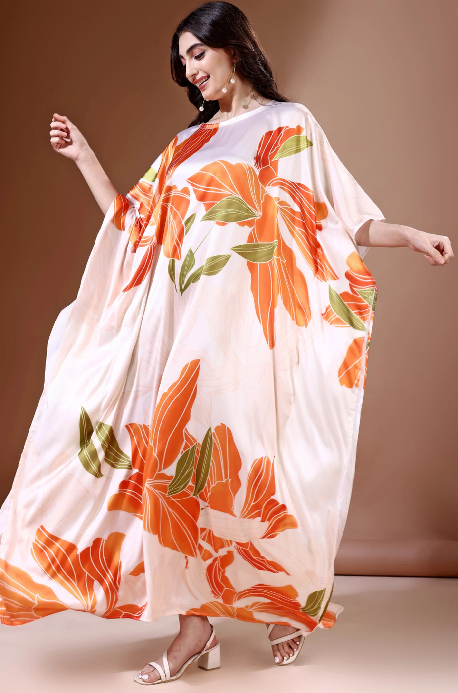 Tangerine Blossom Soft Satin Kaftan With Digital Print