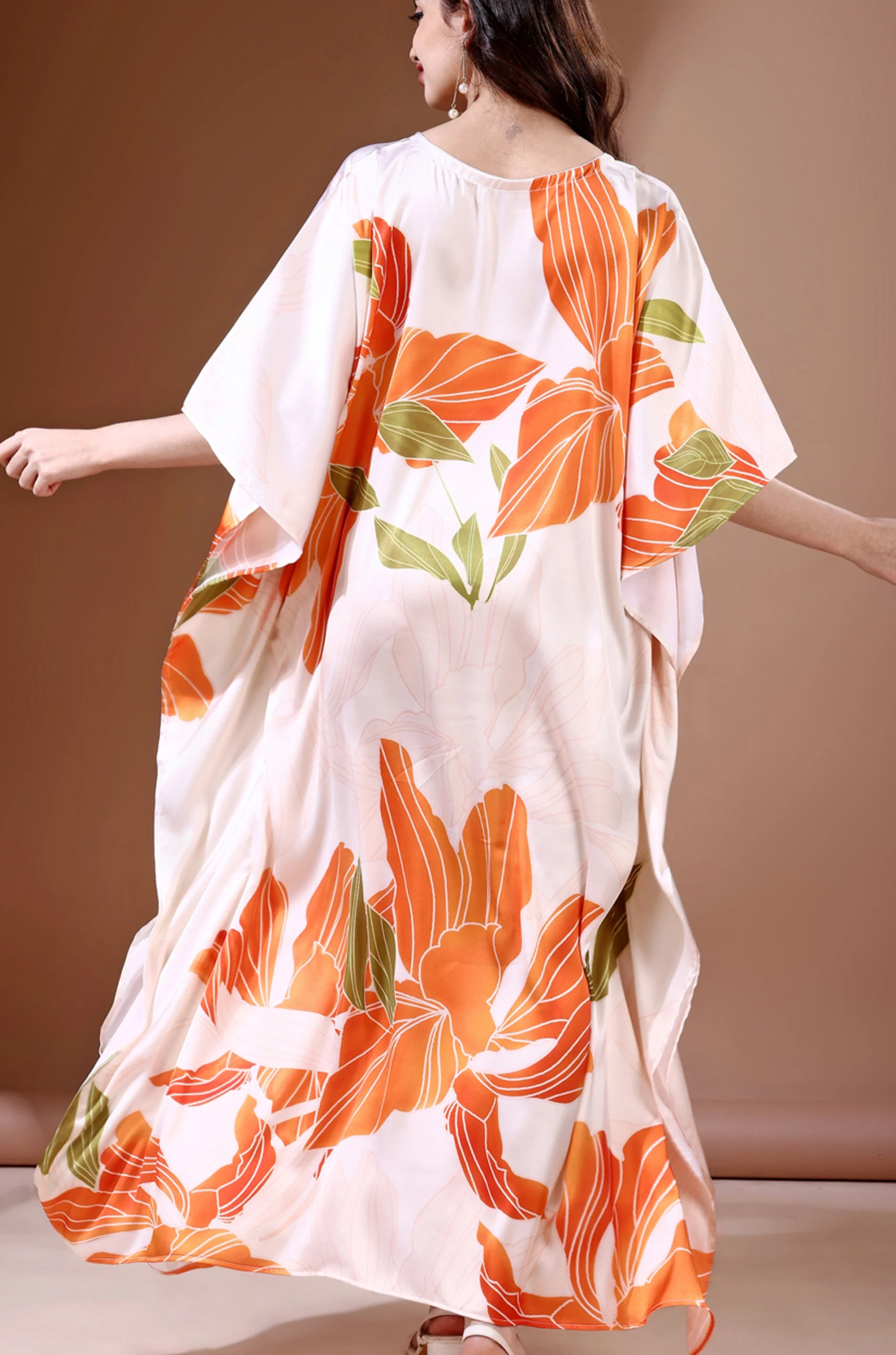 Tangerine Blossom Soft Satin Kaftan With Digital Print - Image 5