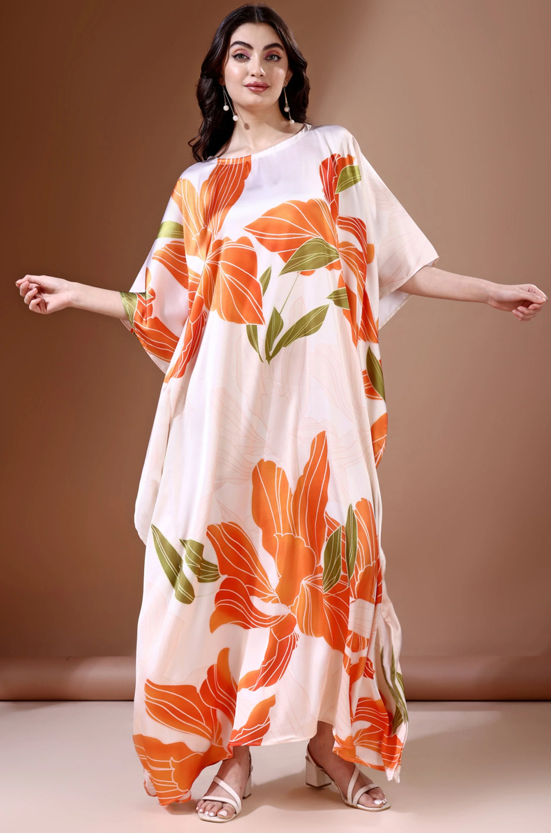 Tangerine Blossom Soft Satin Kaftan With Digital Print - Image 6