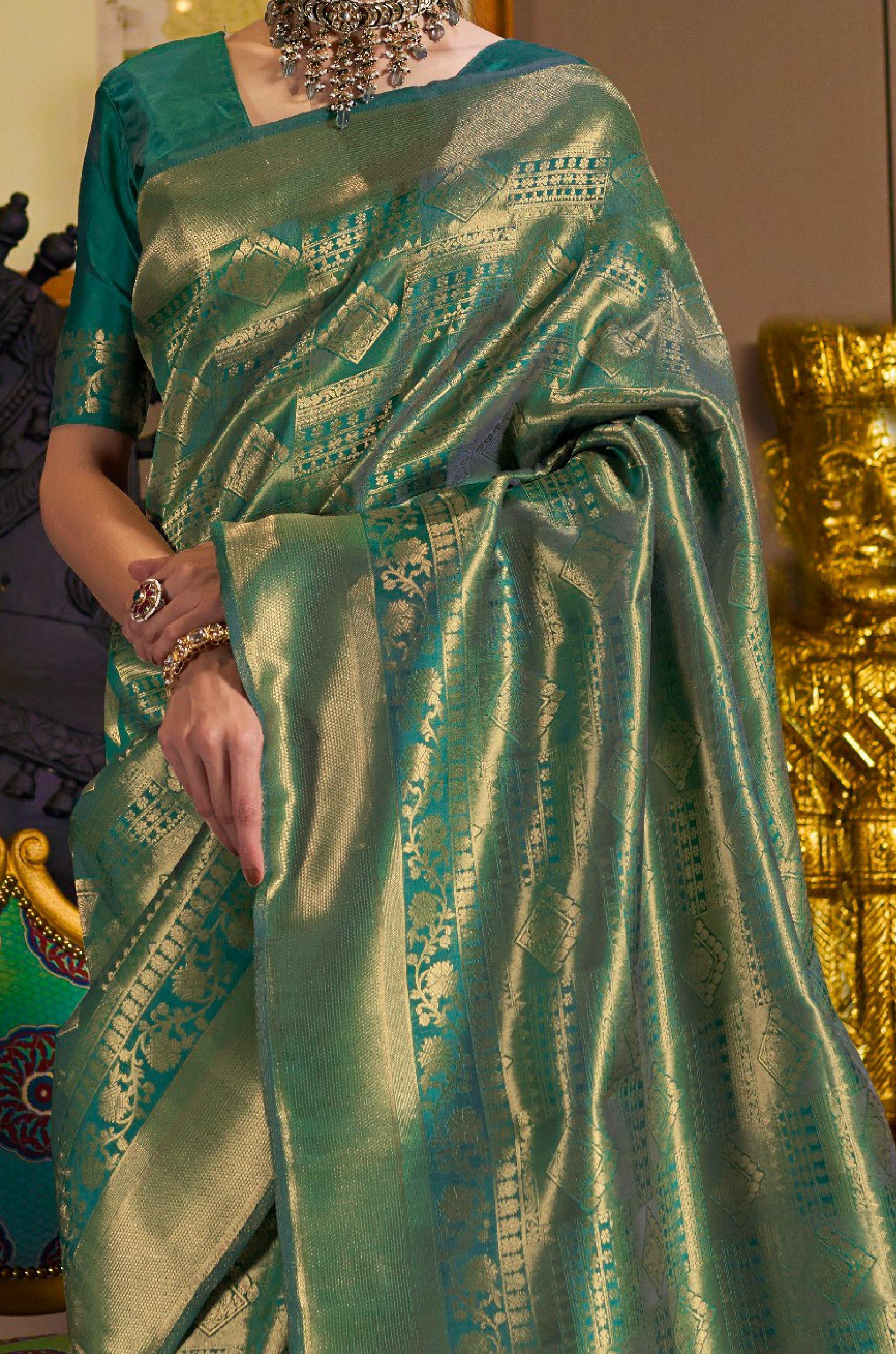 Teal Blue Kanjivaram Silk Saree - Image 3