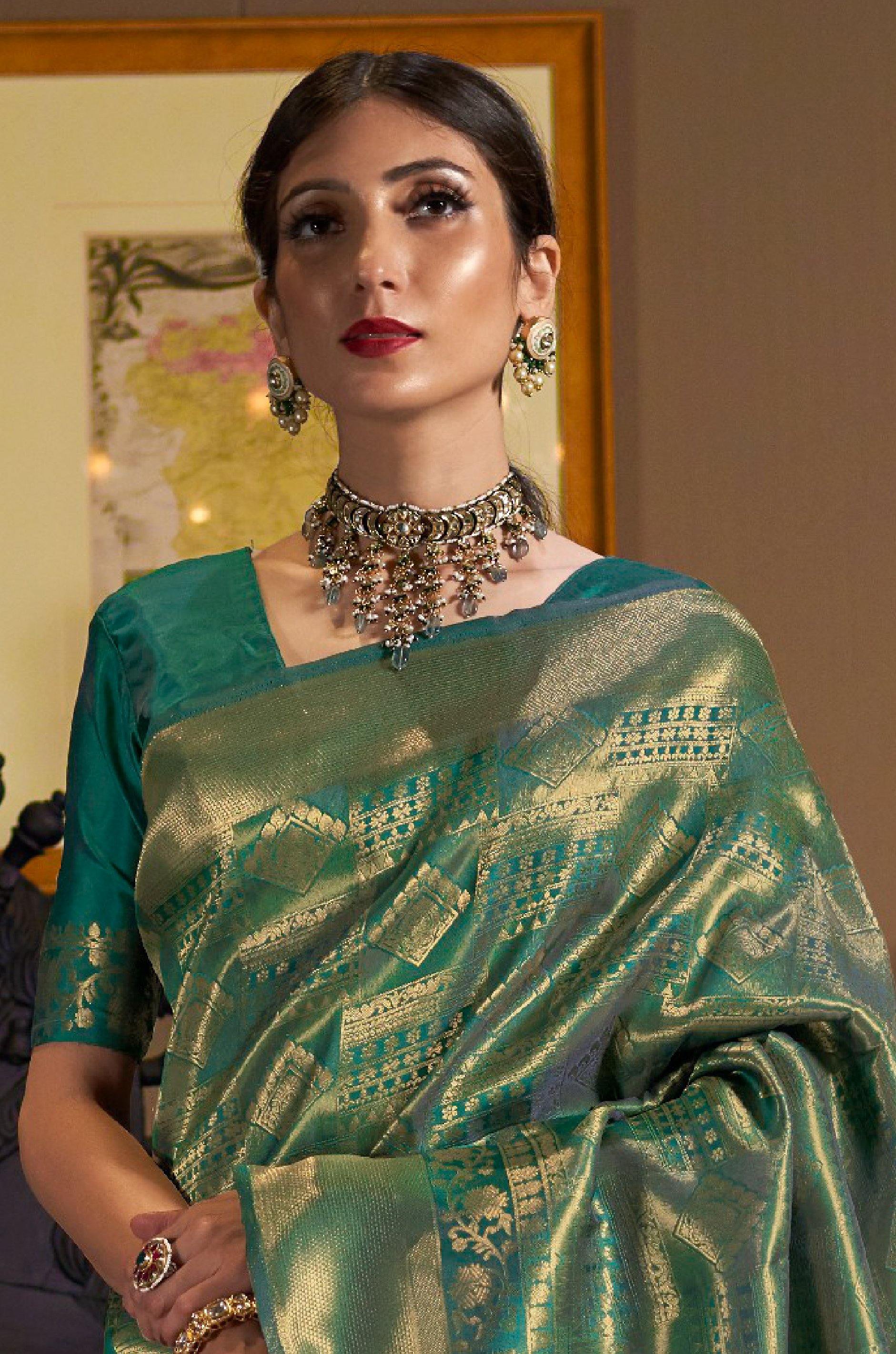 Teal Blue Kanjivaram Silk Saree - Image 4