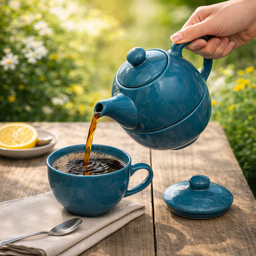 Teal Ceramic Teapot with Cup Set | Stackable Tea Pot & Cup Duo - Image 2