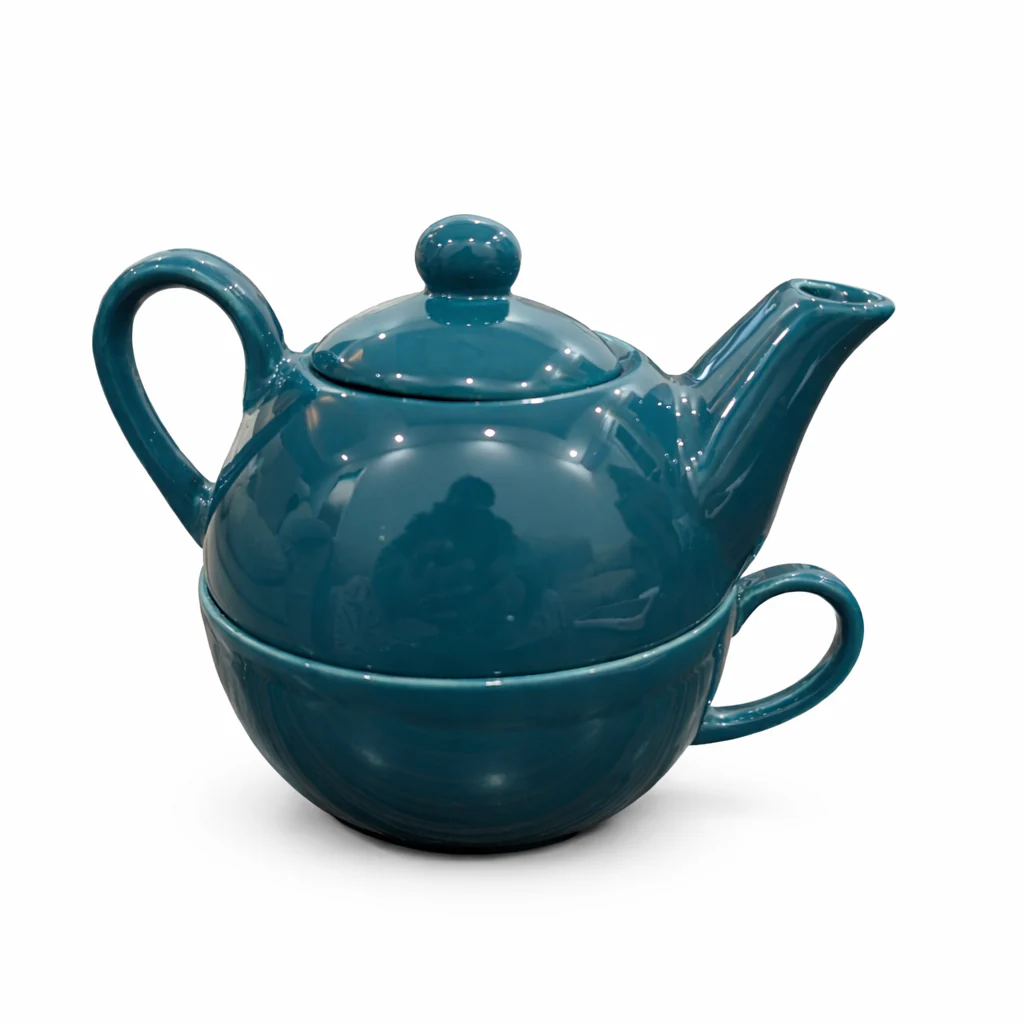 Teal Ceramic Teapot with Cup Set | Stackable Tea Pot & Cup Duo - Image 3
