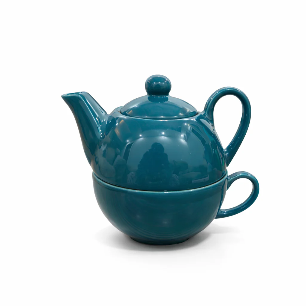 Teal Ceramic Teapot with Cup Set | Stackable Tea Pot & Cup Duo - Image 4
