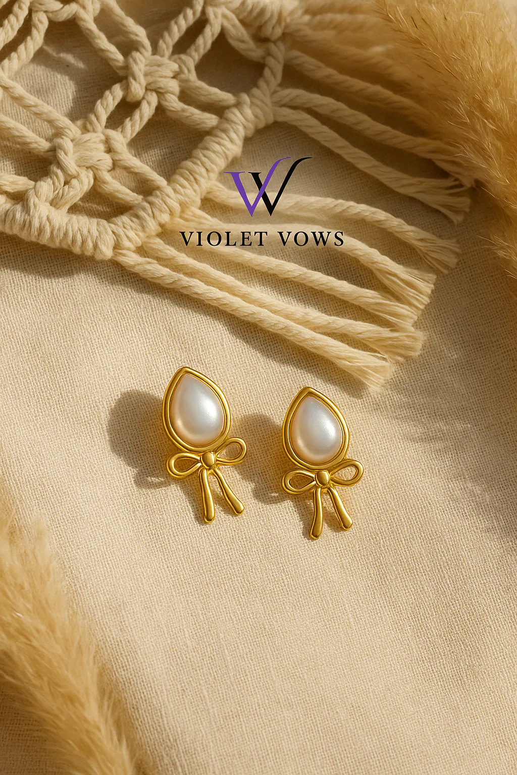 Teardrop Pearl & Gold Bow Earrings - Image 3