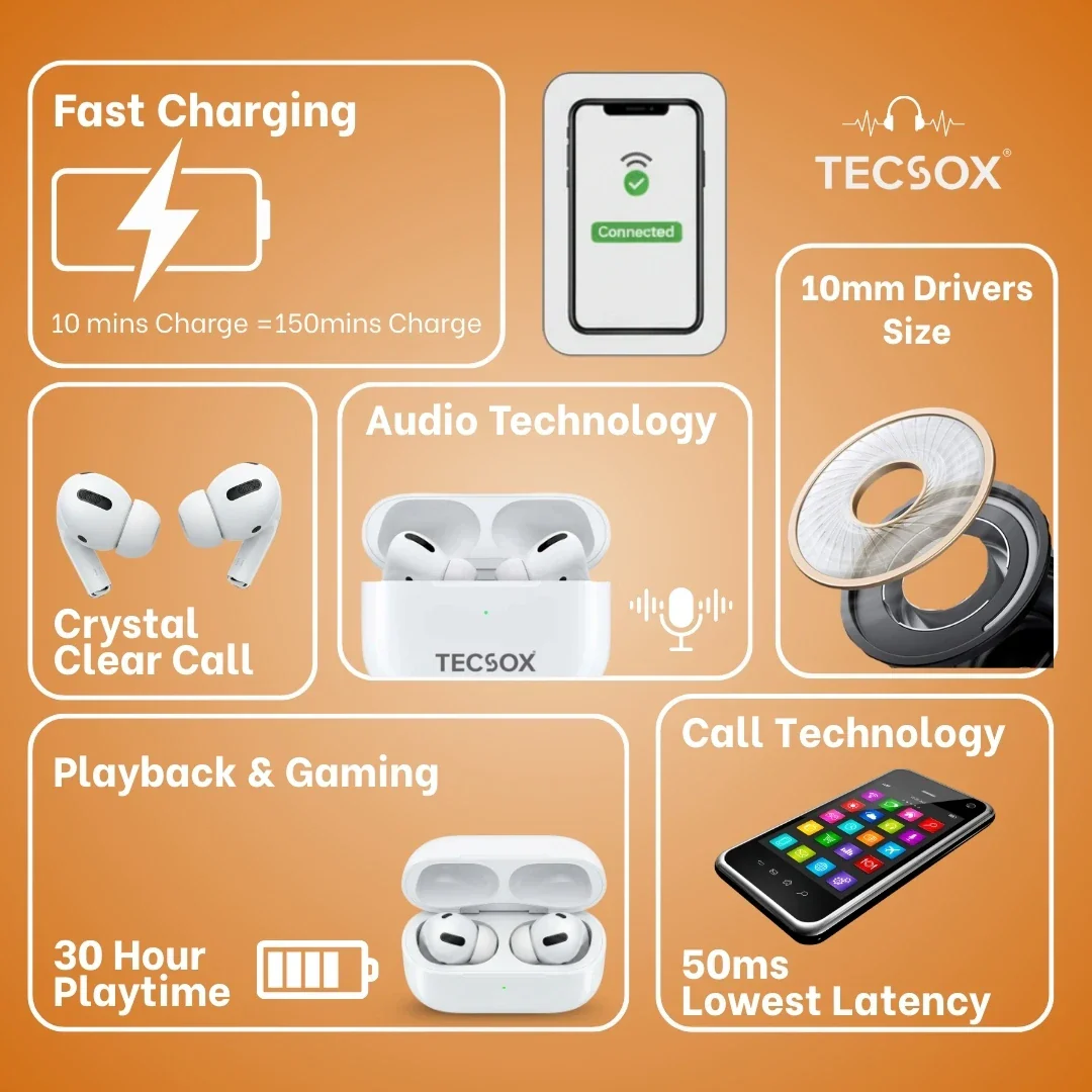 TecPod Max White Bluetooth Earbuds | Deep Bass | 30-hour playtime - Image 9