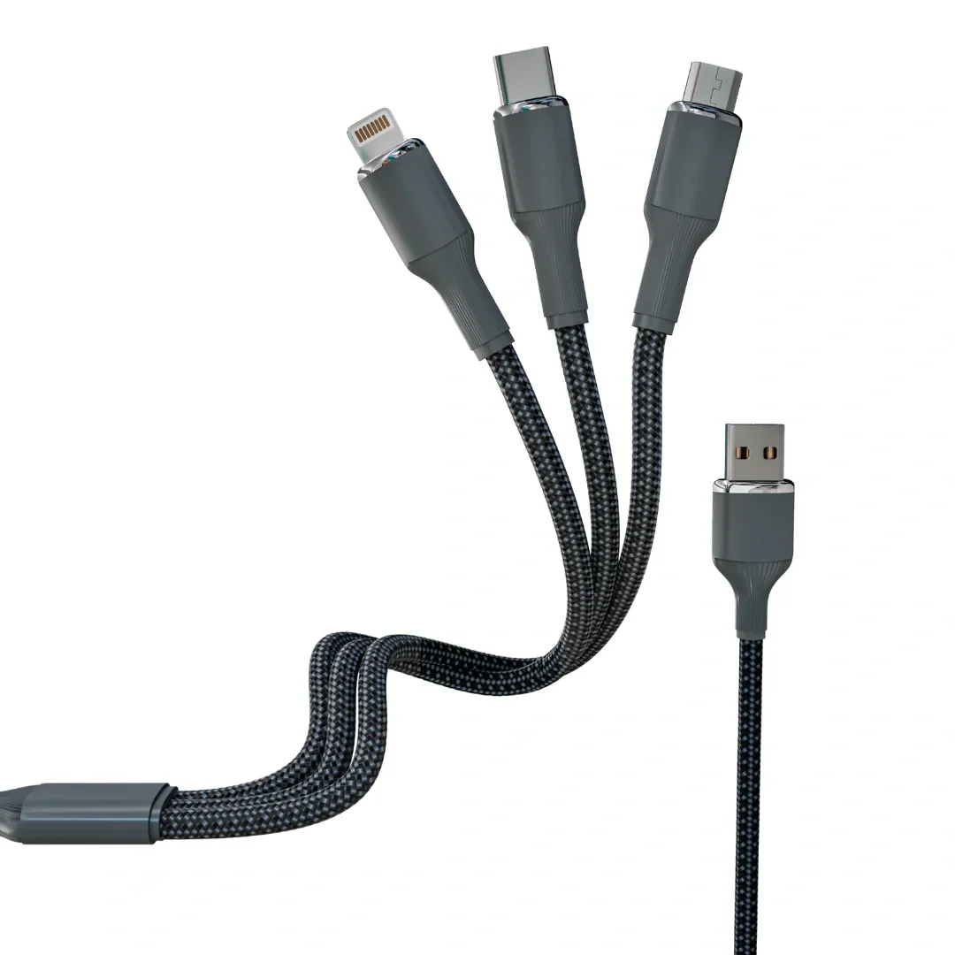 Tecsox 3 in 1 Grey Fast Charging Cable | For iOS & Android