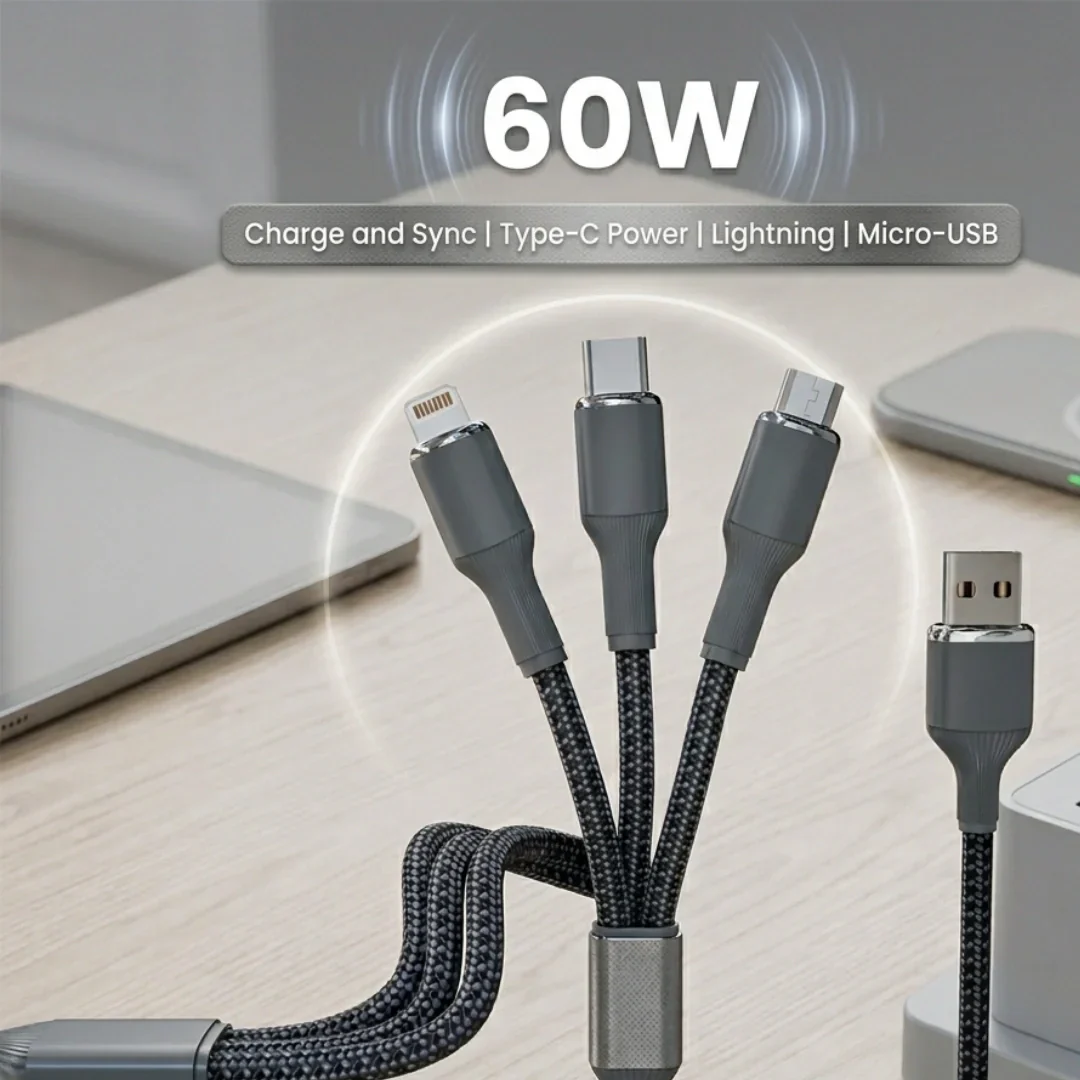 Tecsox 3 in 1 Grey Fast Charging Cable | For iOS & Android - Image 2