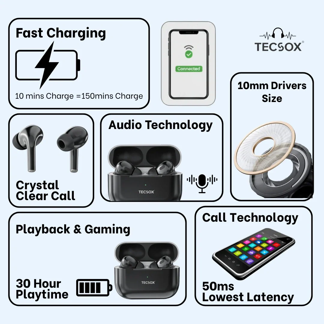 TecSox Tecpods Pro 2 Bluetooth Earbud With Deep Bass & Comfortable Fit | IPX Water Resistant - Image 9