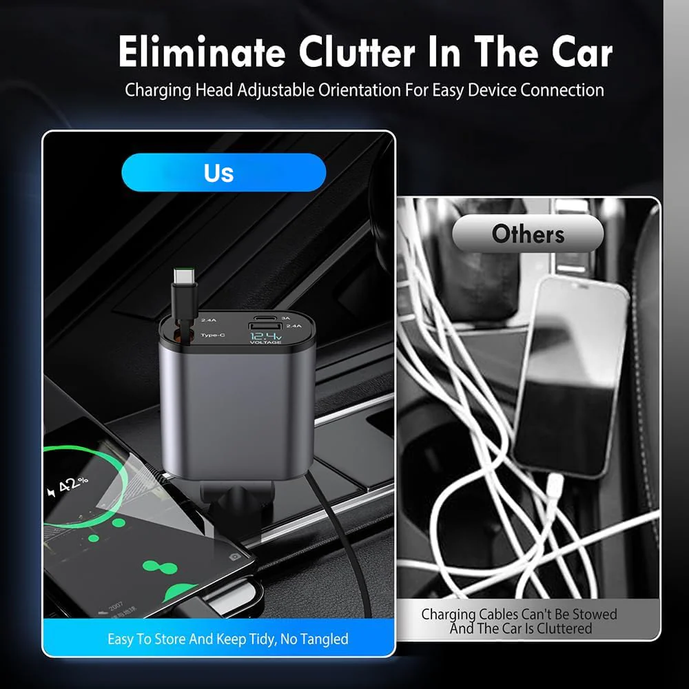 Terminal: 120W 4-in-1 Retractable Car Charger with Voltmeter, QC & PD Fast Charging, Dual USB Ports & Built-In Type-C + Lightning Cables - Image 4