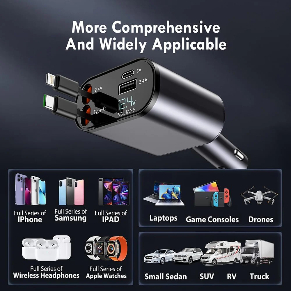 Terminal: 120W 4-in-1 Retractable Car Charger with Voltmeter, QC & PD Fast Charging, Dual USB Ports & Built-In Type-C + Lightning Cables - Image 6