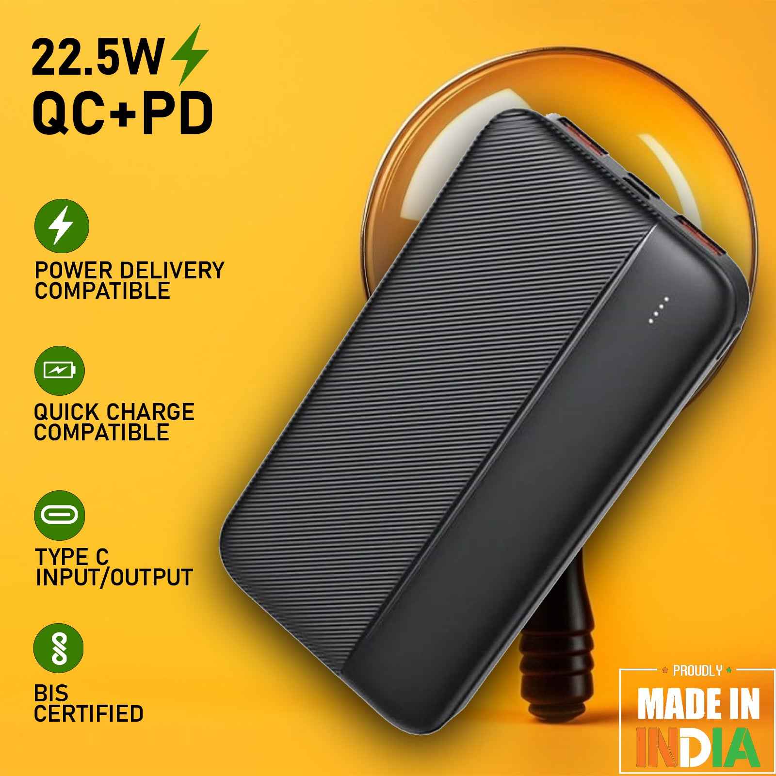 TexoVera 10000 mAh Pocket Size Power Bank, Fast Charging 22.5W, Black Lithium-Polymer (Q7-Q6)