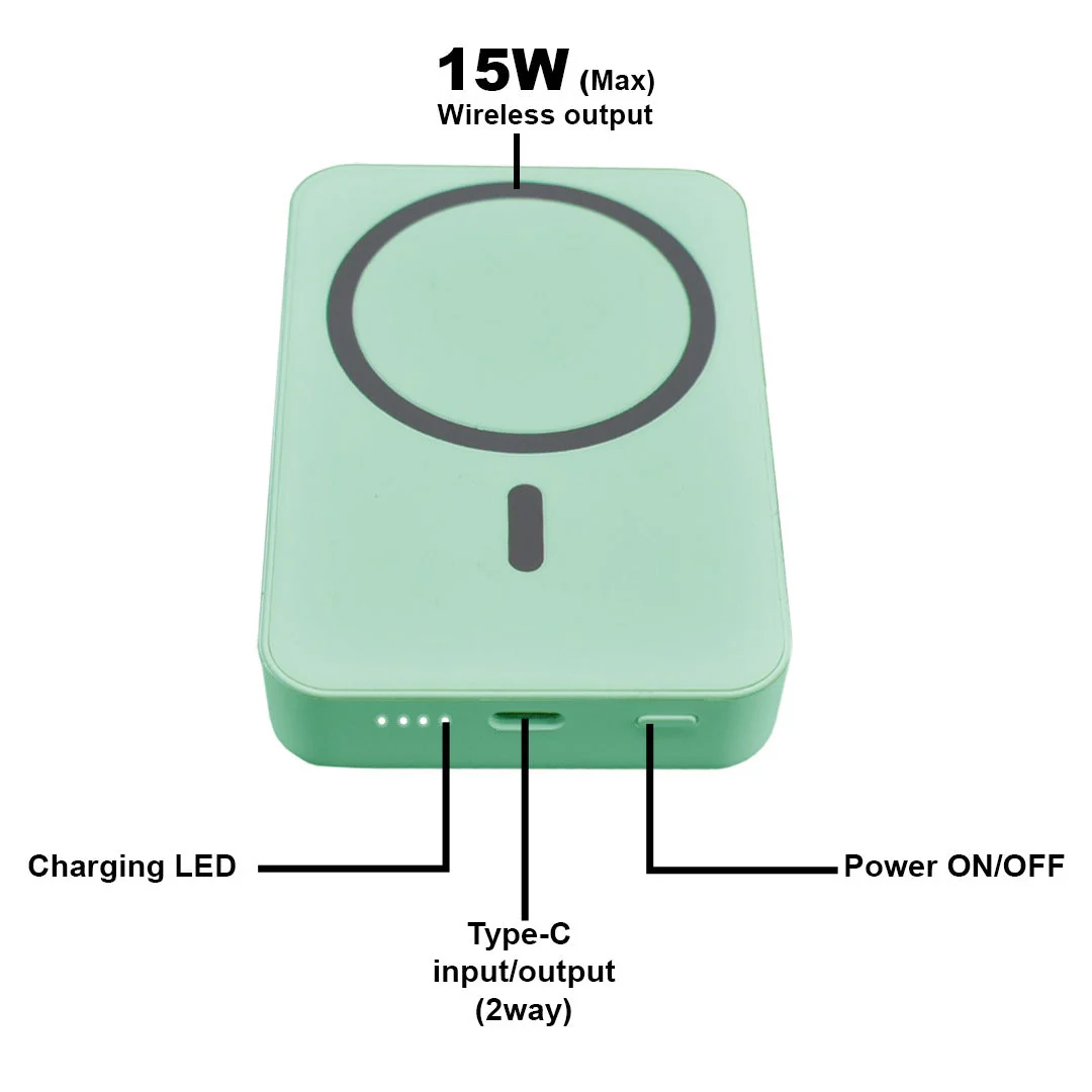 TexoVera 10000 mAh Wireless MagSafe Power Bank, 15W Wireless & 25W Wired, Lithium Polymer Battery - Green - Image 5
