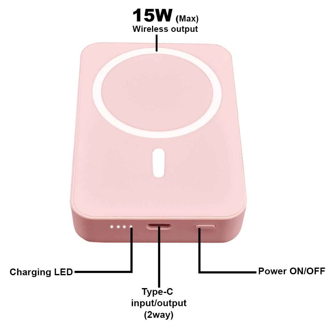 TexoVera 10000 mAh Wireless MagSafe Power Bank, 15W Wireless & 25W Wired, Lithium Polymer Battery - Pink - Image 4