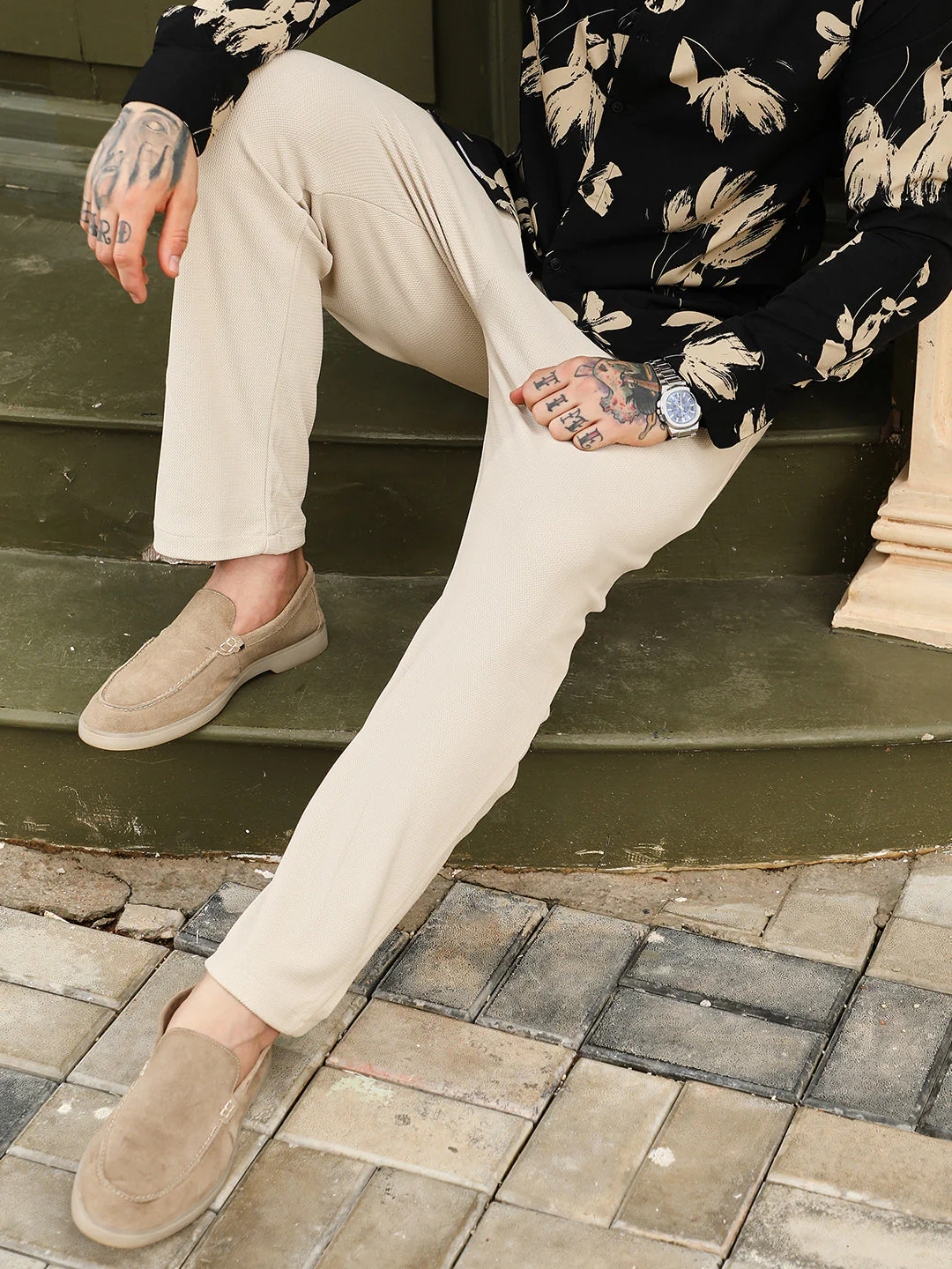 Textured Extended-Waistband Trousers