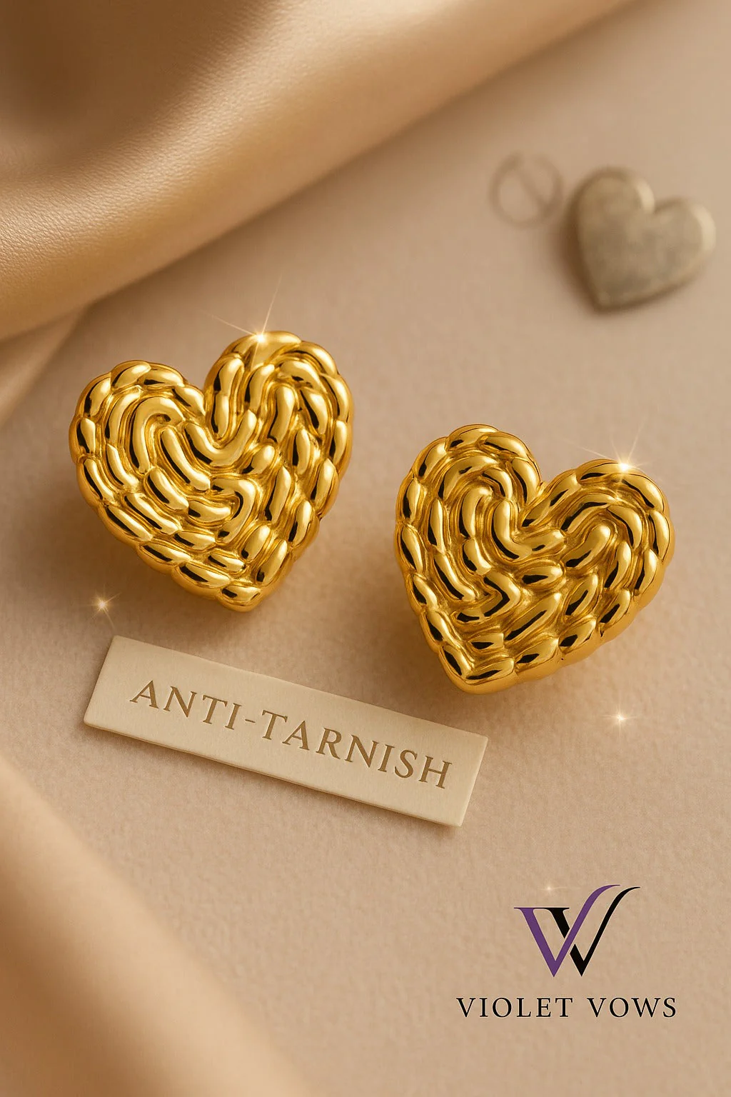 Textured Weave Golden Heart Earrings - Romantic and Modern Studs - Image 2