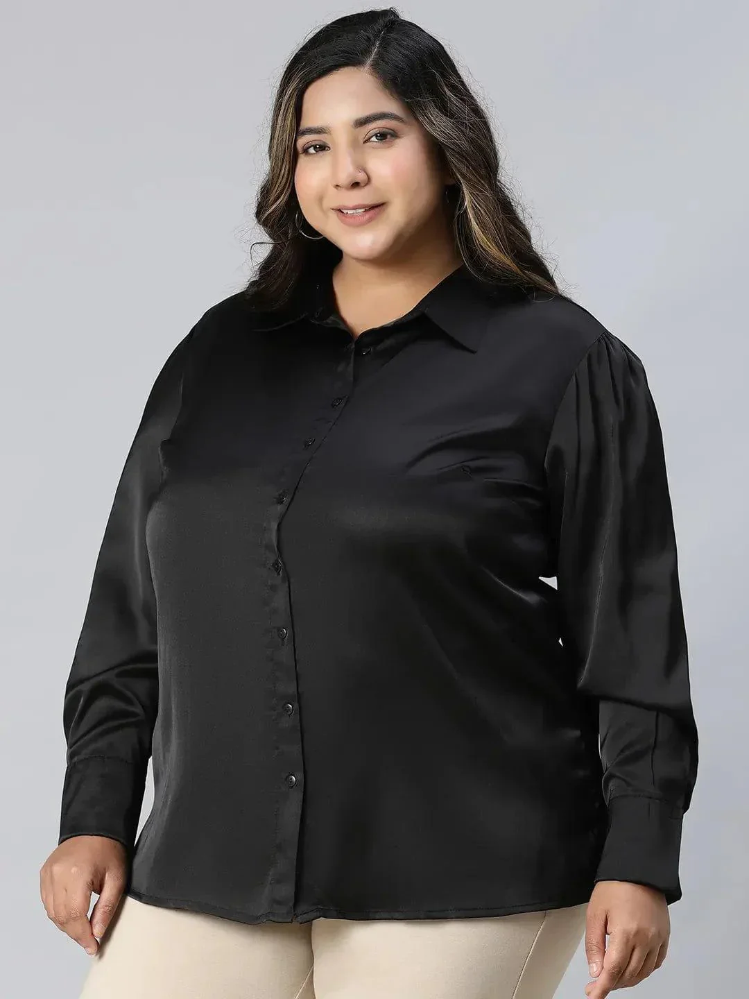 The Black Collared Long Sleeve Plus Size Shirt - Image 3