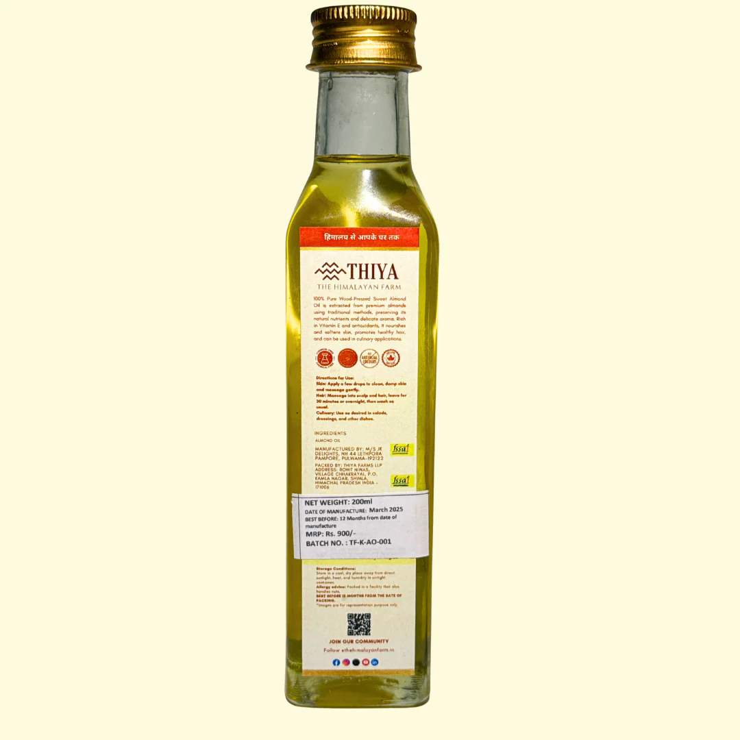 Thiya Cold Pressed Almond Oil (Wood Pressed) | Made from Kashmiri Mamra Almonds | Natural | Edible & Topical | Kashmir's Finest | 200ml - Image 2