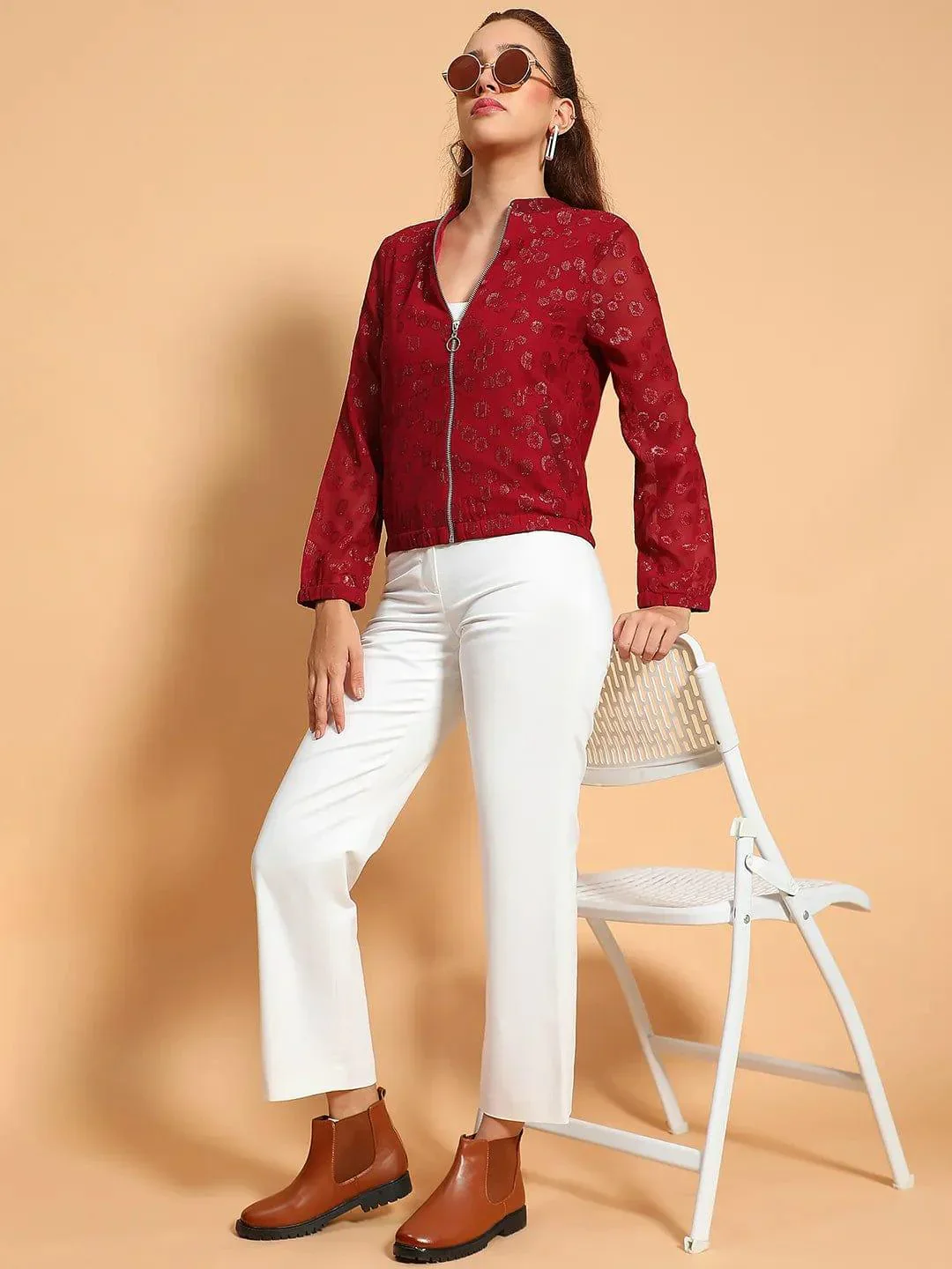 Thrilling Maroon Round Neck Long Sleeve Zip Lined Lace Detail Women Winter Wear Jacket - Image 2