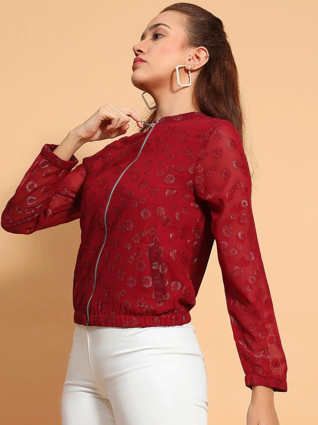 Thrilling Maroon Round Neck Long Sleeve Zip Lined Lace Detail Women Winter Wear Jacket - Image 3