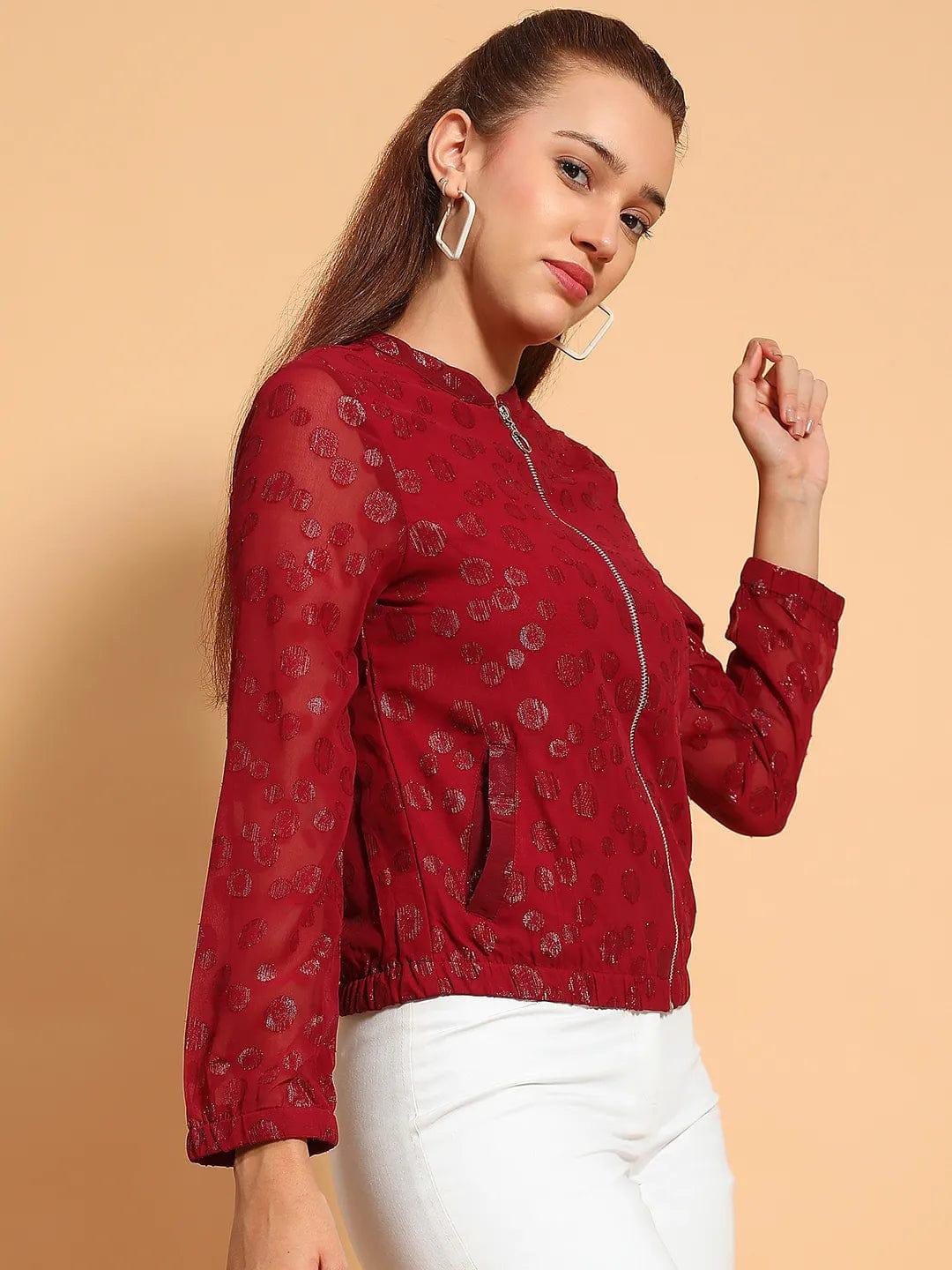 Thrilling Maroon Round Neck Long Sleeve Zip Lined Lace Detail Women Winter Wear Jacket - Image 4